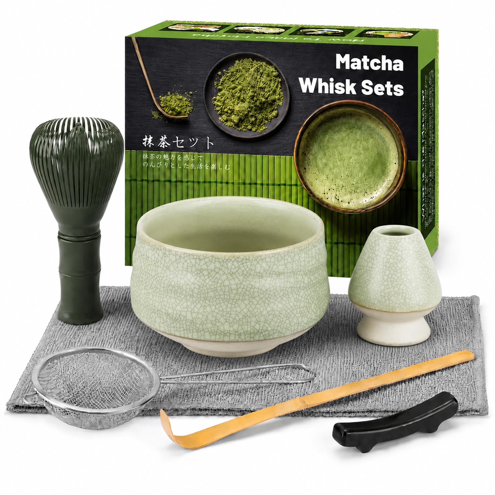 Muexoee 7 Pcs Matcha Set,Matcha Tea for Making Breakfast/Latte,Whisk Set and Bowl with All Accessories，Authentic Tea Ceremony，Cracked Grey-Green Bowl, Stirrer Green — image 1