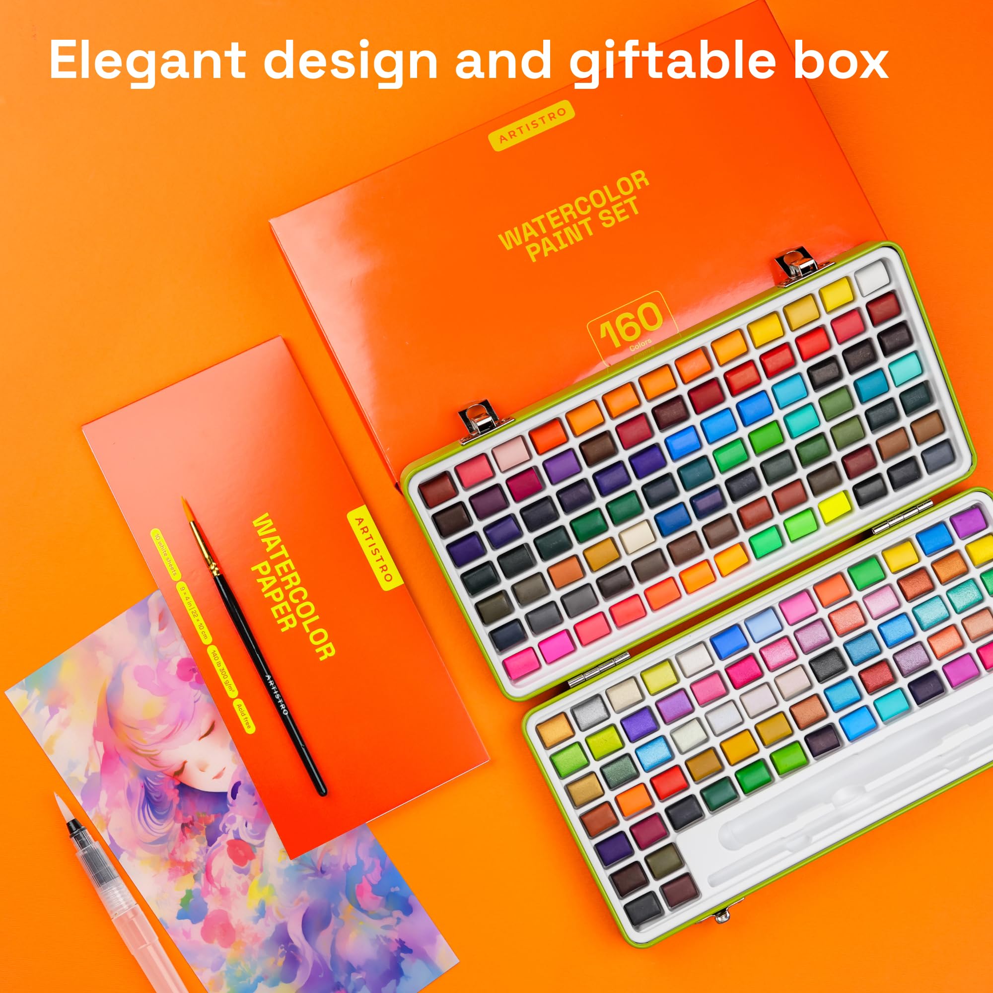Artistro Aquarellfarben Set 160 Farben mit Pinsel und Aquarellpapier, Tragbarer Box Aquarellset, Aquarell set für Reisen, Wasserfarben für Künstler und Hobbymaler
