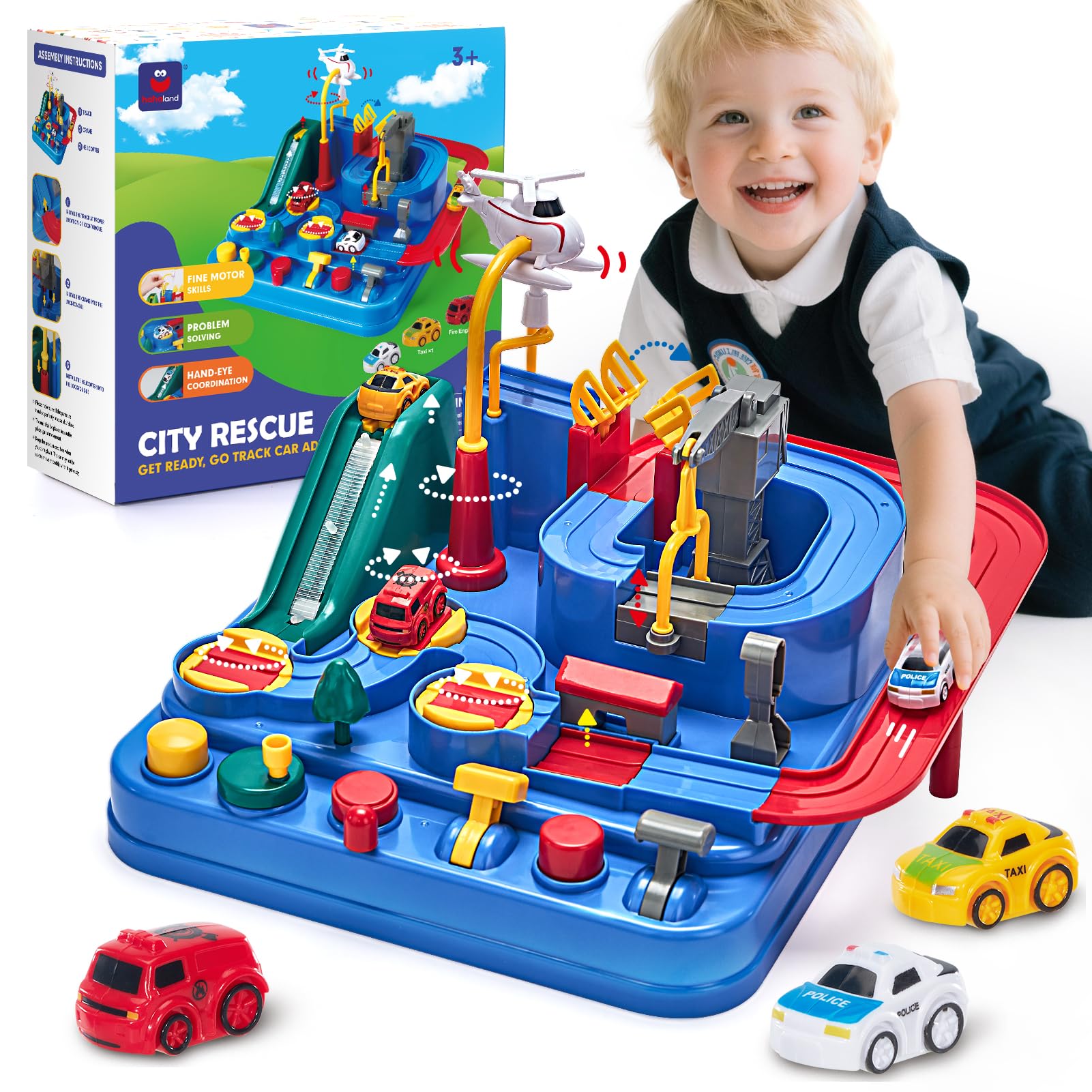 hahaland Spielzeug ab 2 Jahre, Auto Spielzeug Geschenke ab 2 3 Jahre Junge, Autorennbahn Abenteuer Auto Kinder Set, Feinmotorik, STEM, Montessori Spielzeug ab 3-5 Jahre Kindertag Geschenk (Mittel)