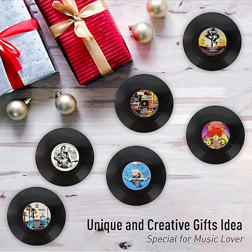 Miniatura 5 de Paquete de 12 posavasos de vinilo retro con soporte, juego de posavasos con temática musical de los años 80 para protección de la mesa, regalos