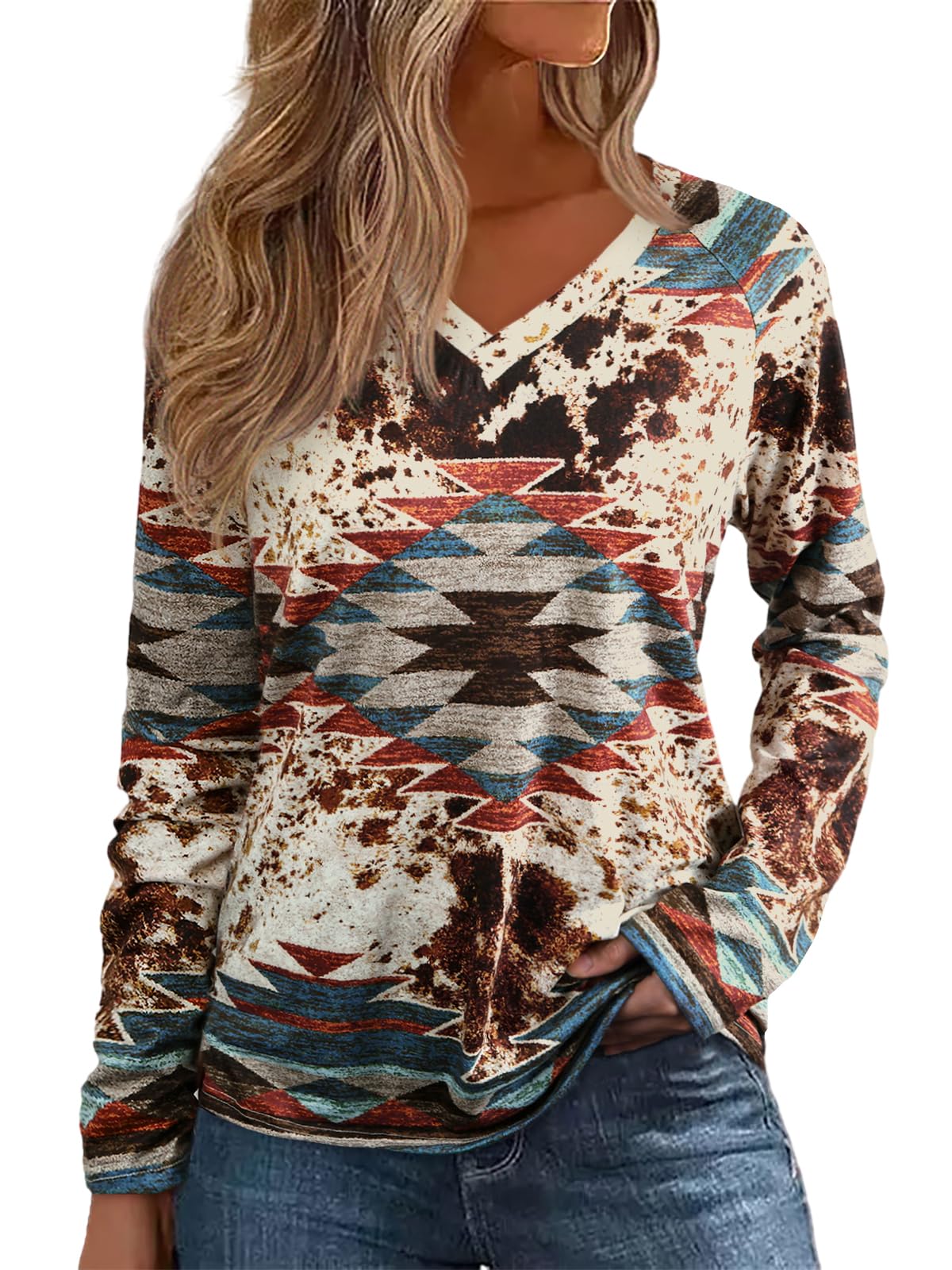 Western Shirts for Women Azetc Tribal Print Long Sleeve Tops