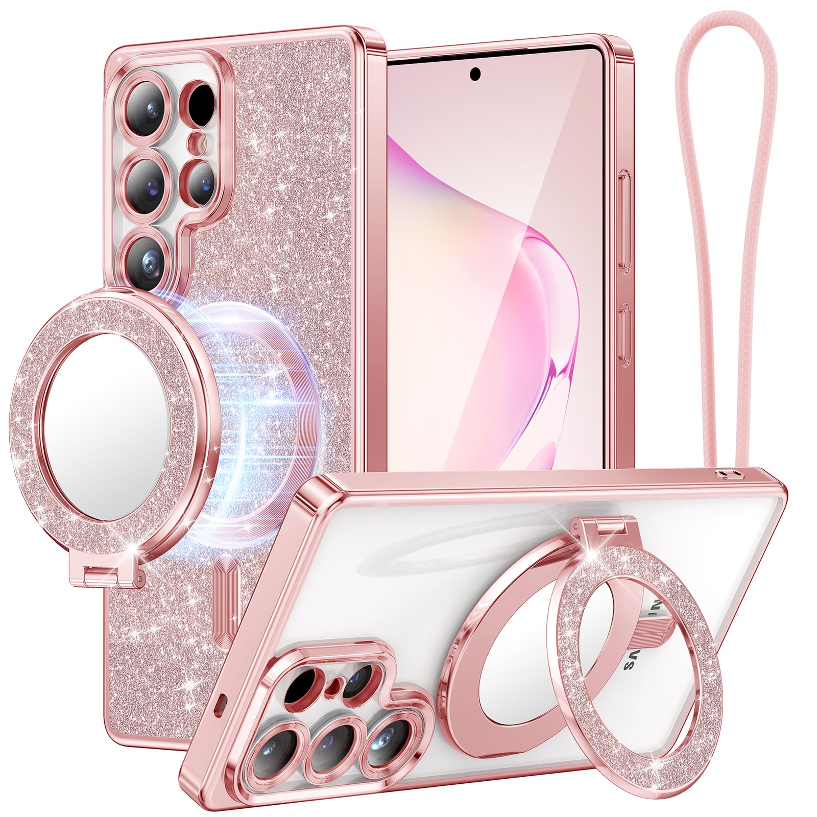 Meifigno Magnetic Case with Removable Phone Ring Stand for Samsung Galaxy S25 Ultra, [Glitter Card & Wrist Strap] [MagSafe Compatible] [Built in Mirror] Phone Ring Stand + Phone Case Kit, Rose Gold