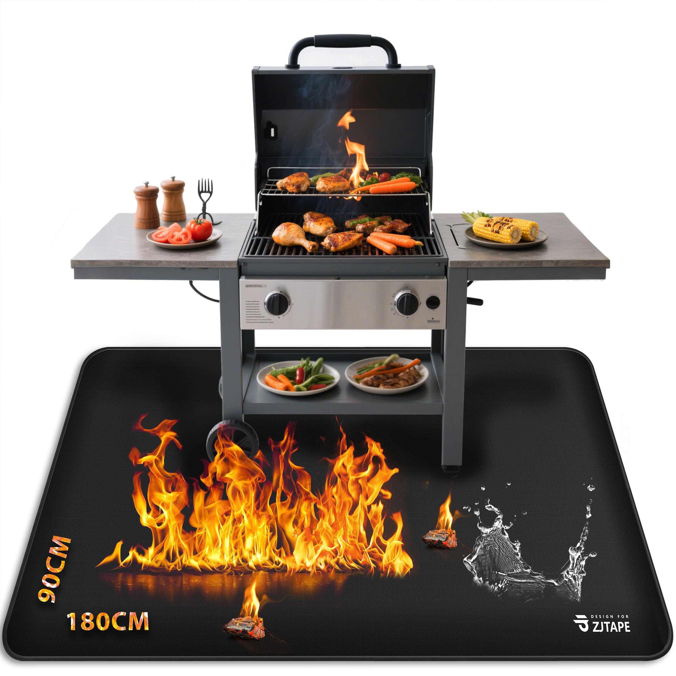Tappetino ignifugo, per barbecue, 180 x 90 cm, pieghevole, protezione dal calore, in fibra di silicone, resistente all'acqua, per barbecue, pavimento, camino, prato e campeggio