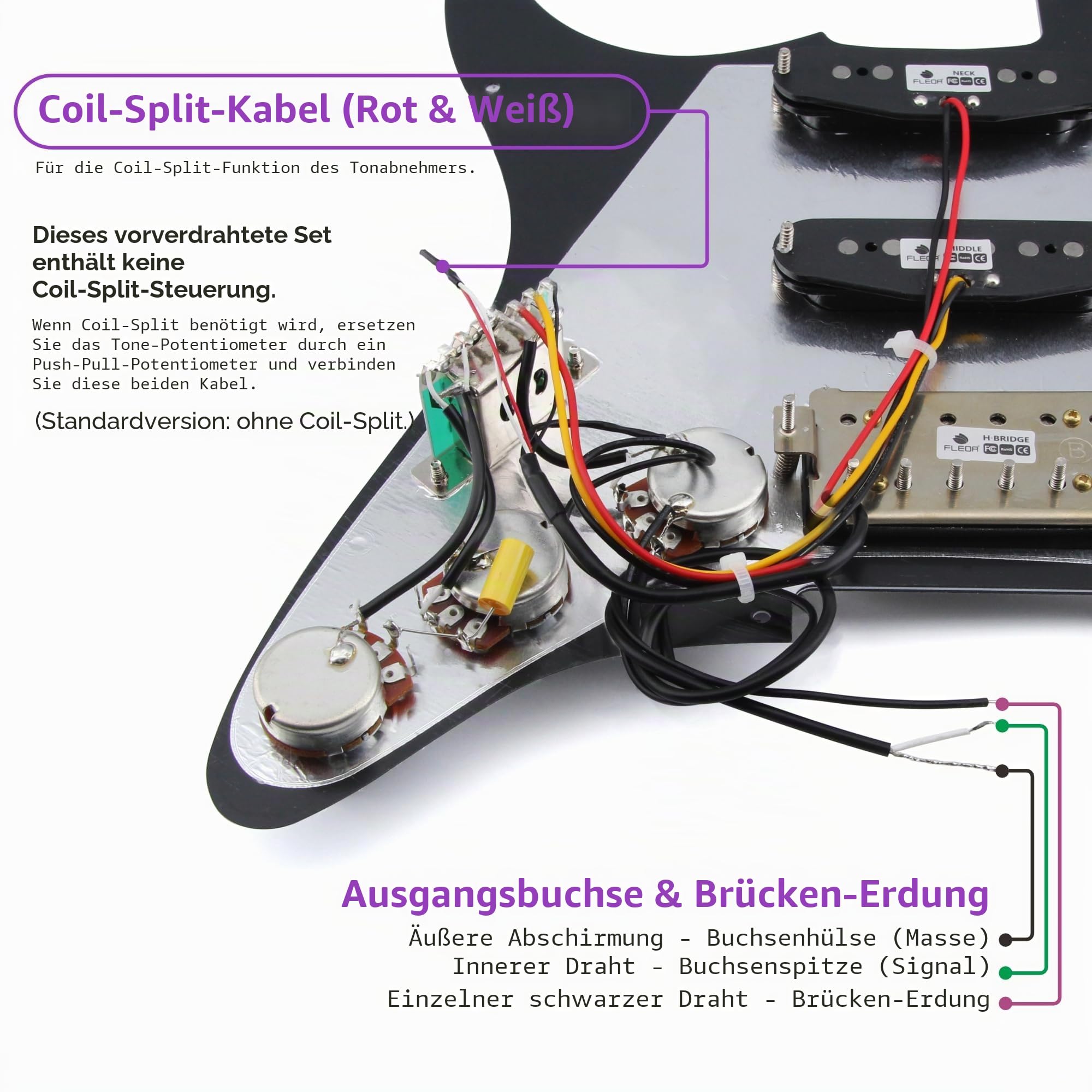 FLEOR Alnico V Geladen Vorverdrahtet Pickguard Satz SSH Alnico Dual Rail Humbucker für ST E-Gitarre Ersatz Schwarz 3-lagig