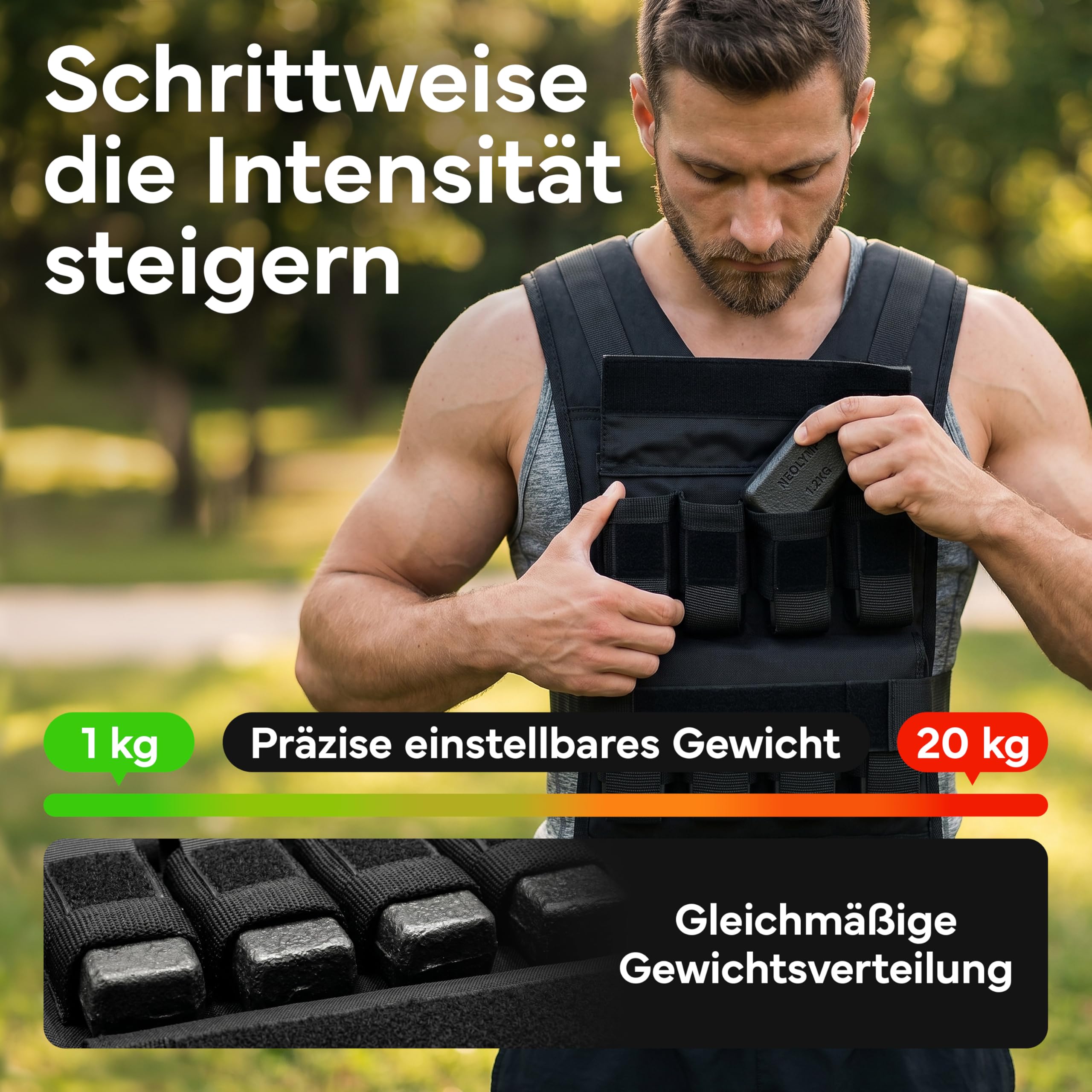 NEOLYMP Gewichtsweste 20kg – 16 Metallblöcke à 1,2kg – Stufenlos verstellbar bis 20 kg– Kein Verrutschen – Calisthenics Equipment & Krafttraining - Weight Vest – Plattenträger Weste Herren Damen