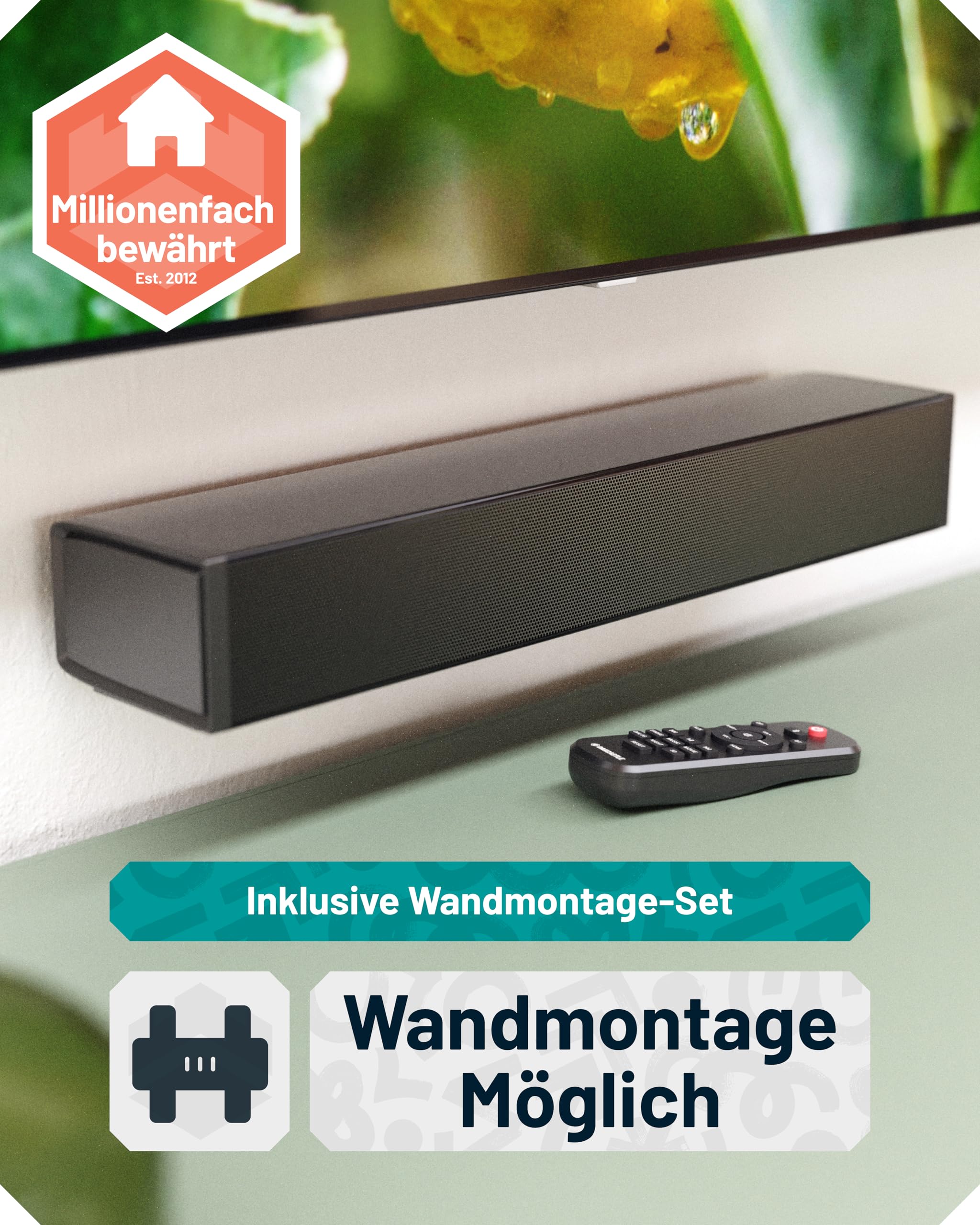 Oakcastle SB40 Soundbar für TV Geräte | Bluetooth Mini Sound Bar | 60W 2.0 TV Lautsprecher für Fernseher | PC Gaming Soundbar | HDMI ARC Sound Bar mit AUX | Inklusive Wandhalterung und Fernbedienung