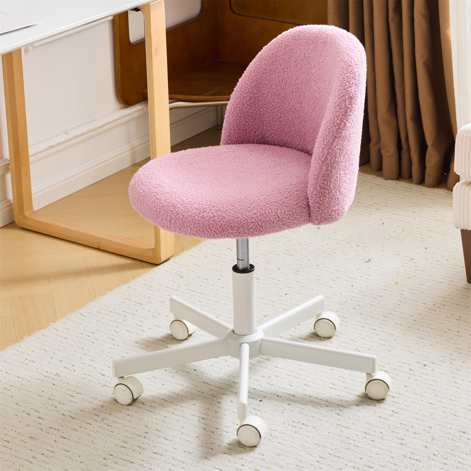 VINGLI Cute Desk Chair, Armless, Comfy Small Office Chair with Wheels, Lumbar Support, Adjustable Height, Teddy Fleece Fabric, Lilac Purple