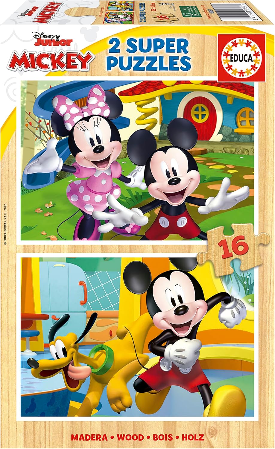 Educa - 2x16 Mickey & Minnie, 2 Sturdy Eco Wood Puzzles with 16 Pieces Each, Fun by Double Game, Approximate Measurement: 26 x 18 cm, from 3 Years (19287)