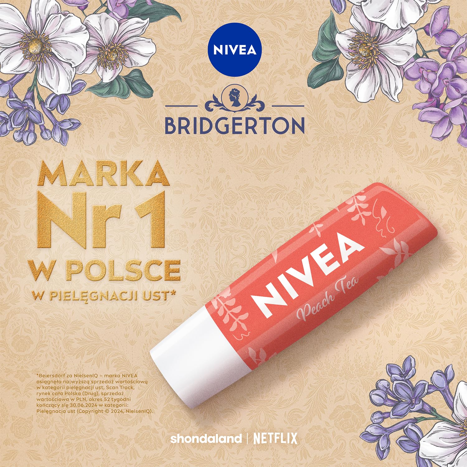 NIVEA Bridgerton Edition Pielęgnująca pomadka do ust Peach Tea Penelope & Colin 4,8g