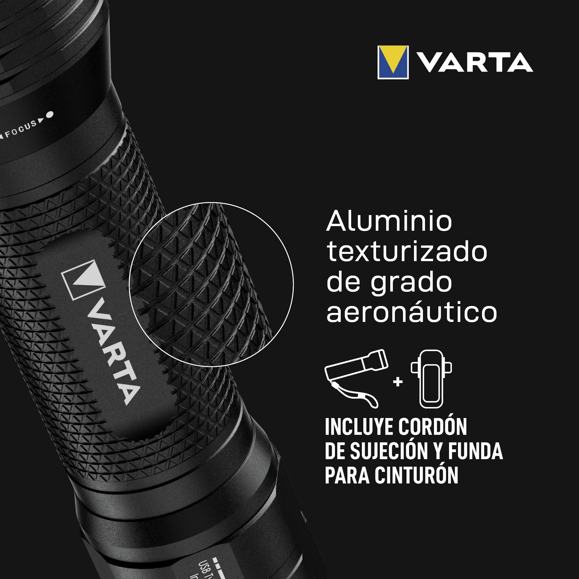 VARTA Linterna Táctica LED recargable, Night Cutter Pro F20R tactical, para exteriores y hogar, 1000 Lúmenes, resistente al agua IP67, aluminio de aviación, enfoque preciso y cordón