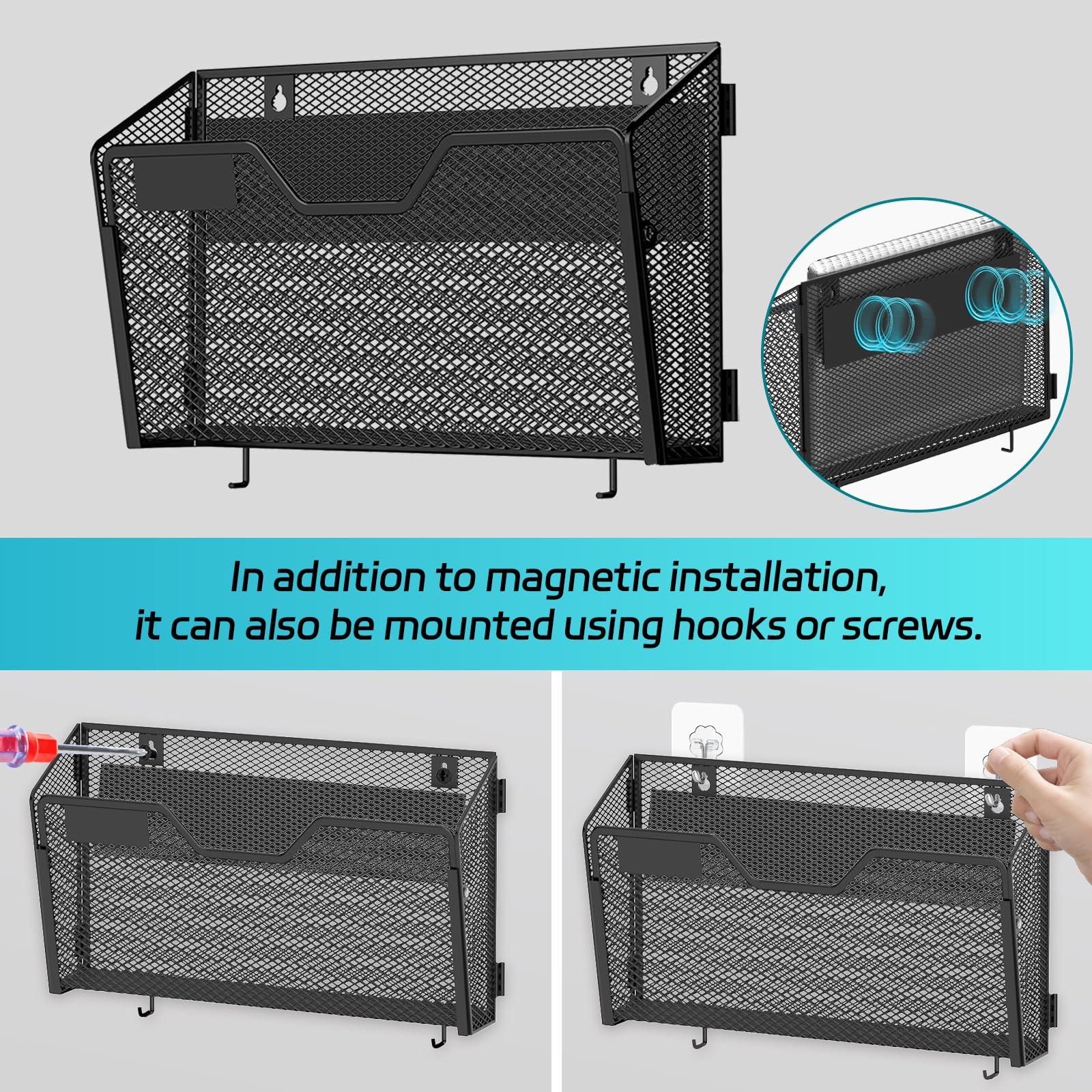 SUPEASY Porta documenti magnetico, confezione da 6 cartelle portadocumenti, senza fori, porta documenti e raccoglitori per casa/ufficio (con pannello per etichette, 14 ganci adesivi da parete)