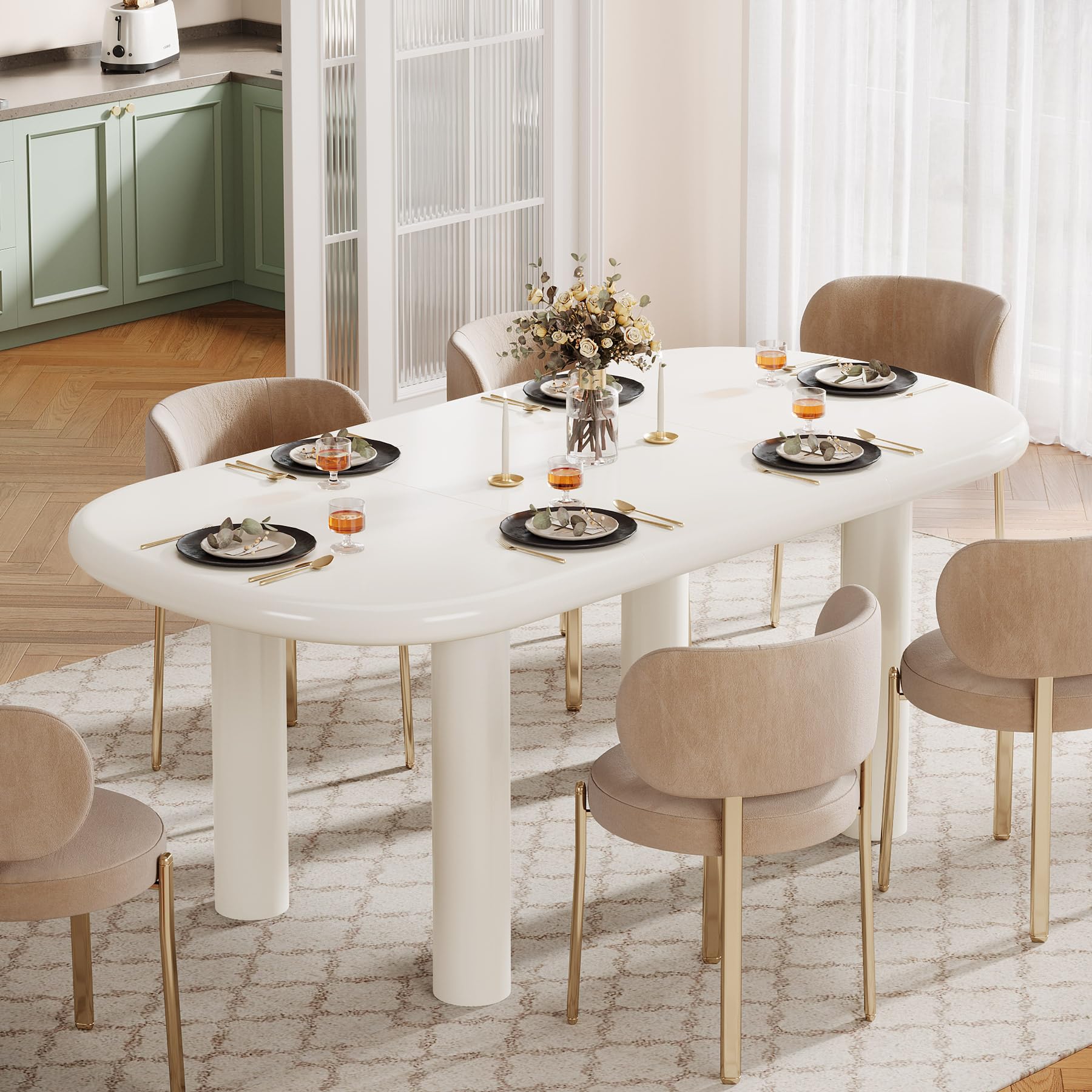 Tribesigns 63-Inch Oval Dining Table - Cream White Modern Table For 6 People