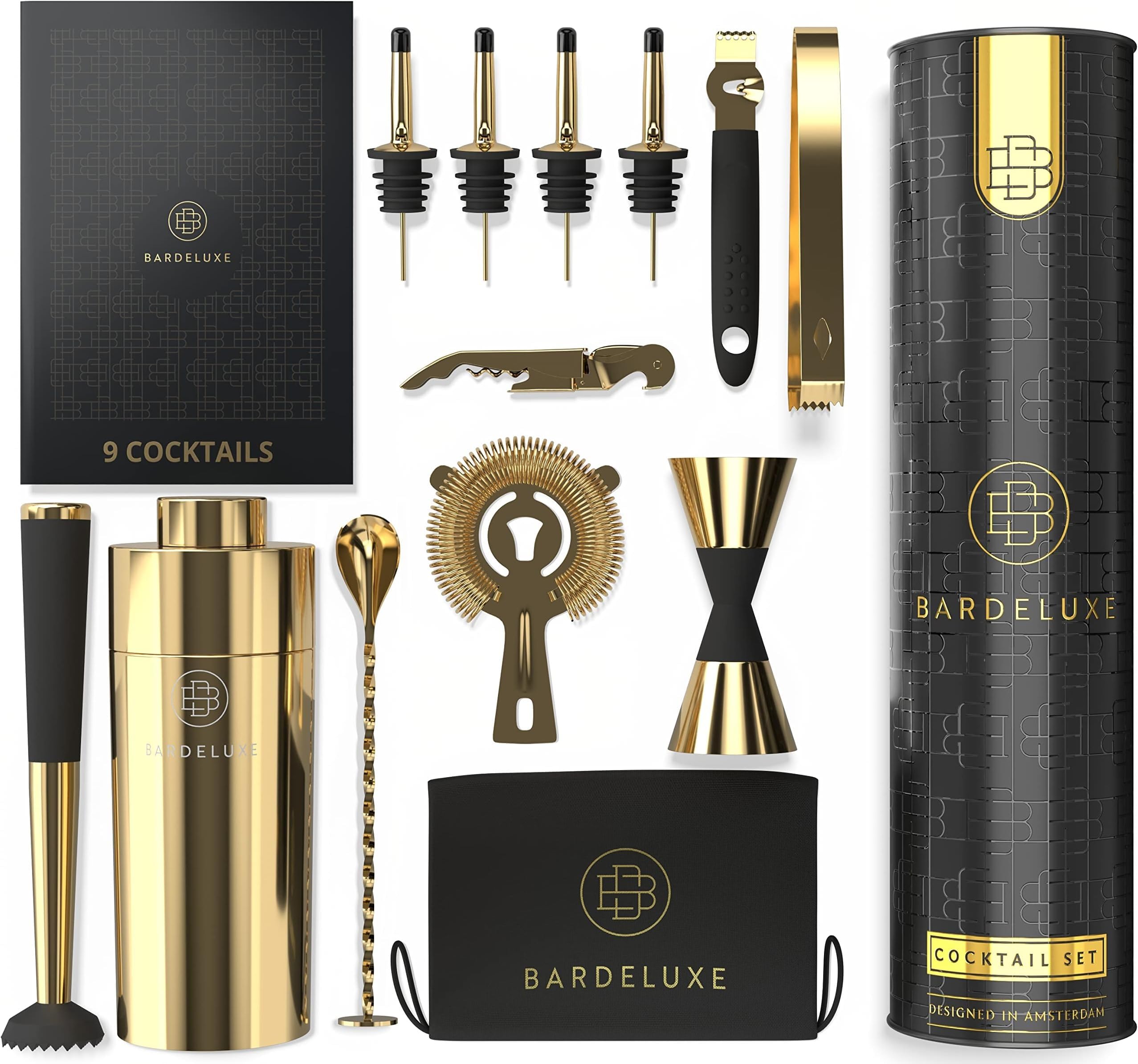 BarDeluxe® Kit de Cocteleria de 12 Piezas, Set de Cocteleria | Set Cocteleria Profesional, Juego de Coctelera, Cocktail Kit | Coctelera 750 ml, Coctelería Kit | Elegante Caja de Regalo, Bolsa (Oro)