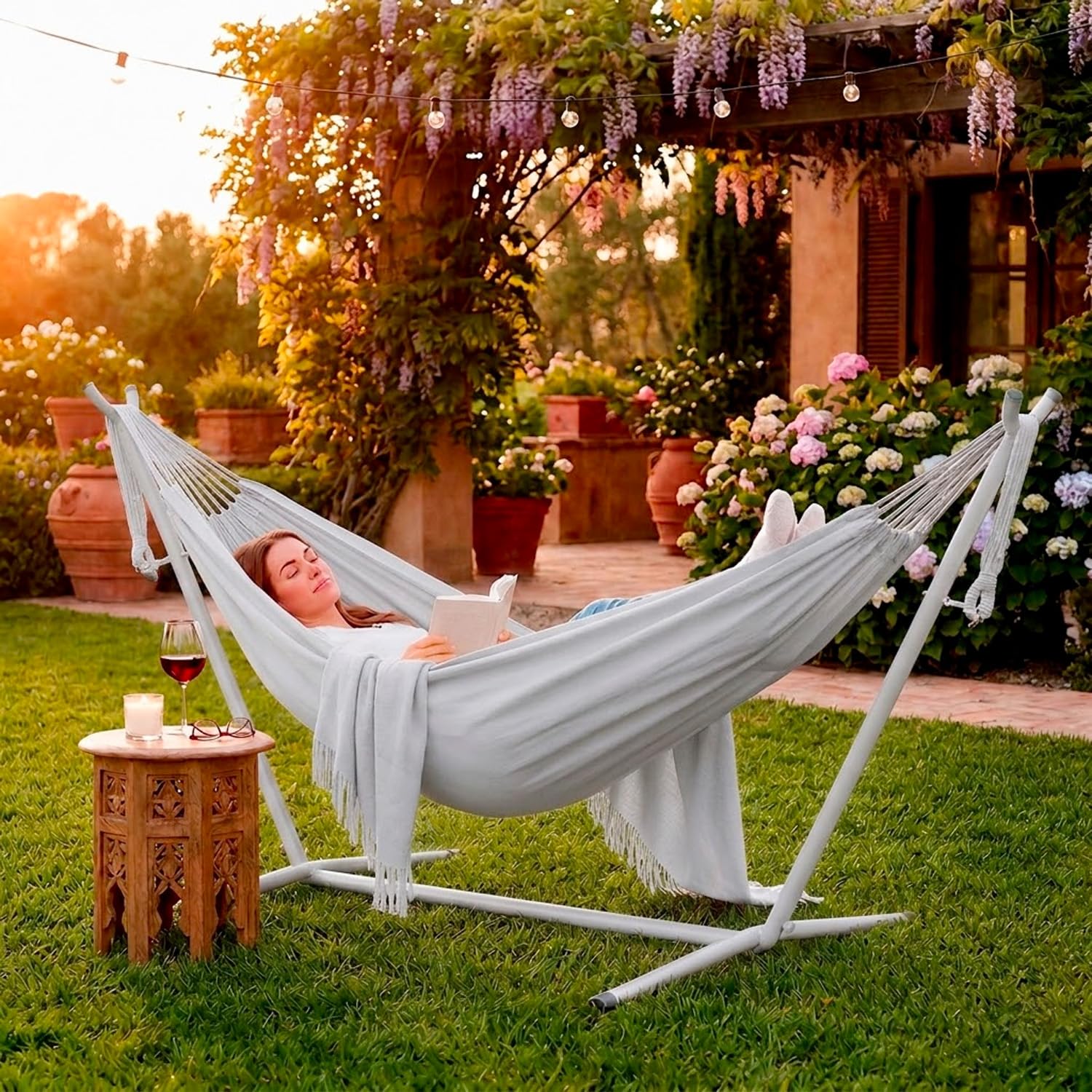 Amaca Da Giardino Con Supporto In Acciaio Portata 200 Kg Altezza Regolabile Telo Cotone Esterno Terrazzo Piscina Balcone Con Borsa Struttura Grigia 265 x 110 x 100 Cm Grigio