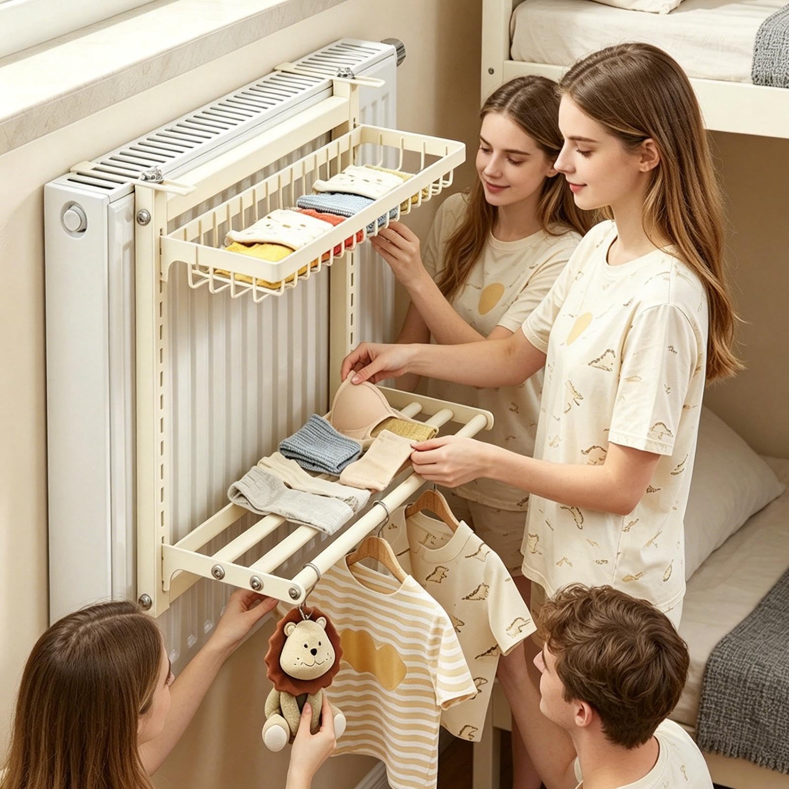 Colgador de Ropa para radiador Sin Taladro Doble Capa de Acero al Carbono | Secador de abrigos de interior para Calcetines, Ropa, Zapatos, Guantes, Muñecos, Baño, Hogar, Apartamento, Cocina