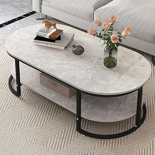 Mesa auxiliar moderna de mármol sintético, mesa de centro ovalada, mesa de centro de madera con almacenamiento abierto, mesa auxiliar minimalista