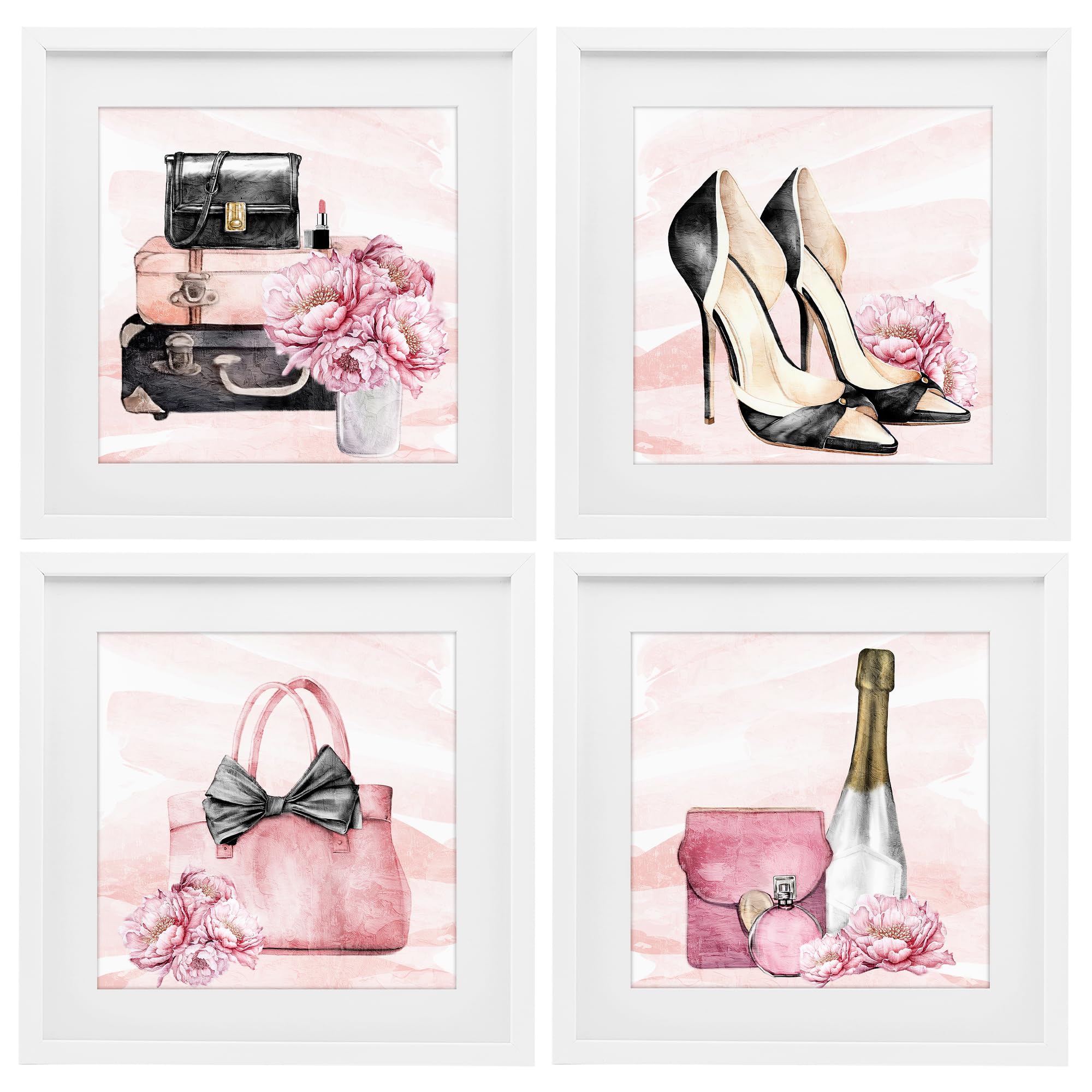 'Glam Time Accessories'| 4pc Framed Print Under Glass Set