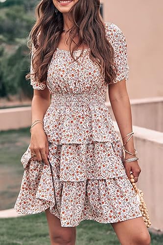 Miniatura 6 de PRETTYGARDEN Vestido corto de verano floral para mujer cuello cuadrado manga corta escalonado con volantes bohemio con vuelo
