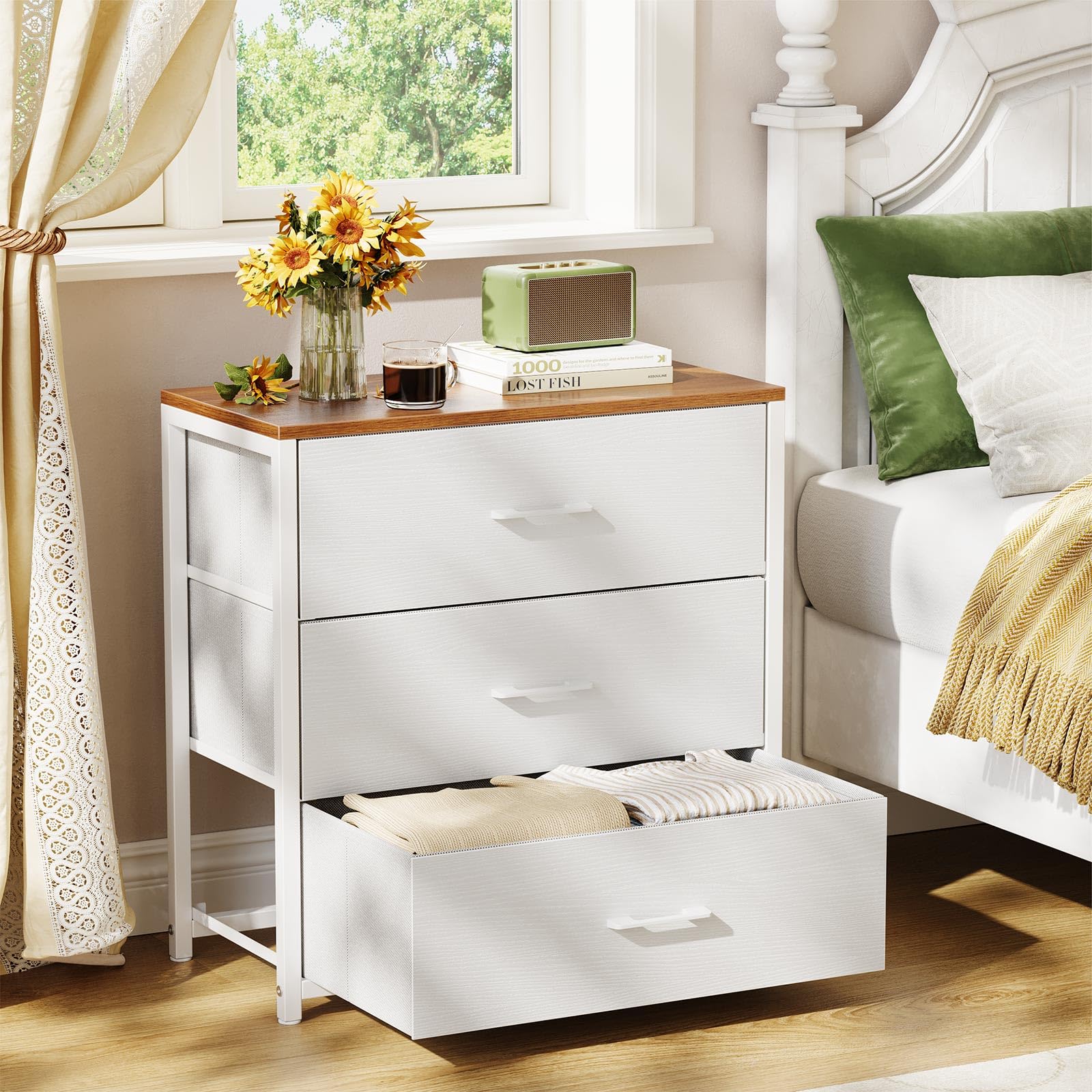 Memobarco Nightstand,Farmhouse Night stand with 3 Storage Drawer,Small Dresser for Bedroom,Chest of Drawers Fabric Dressers with Steel Frame,Wooden Top Front Bedside Table for Small Space,White+walnut-image-19