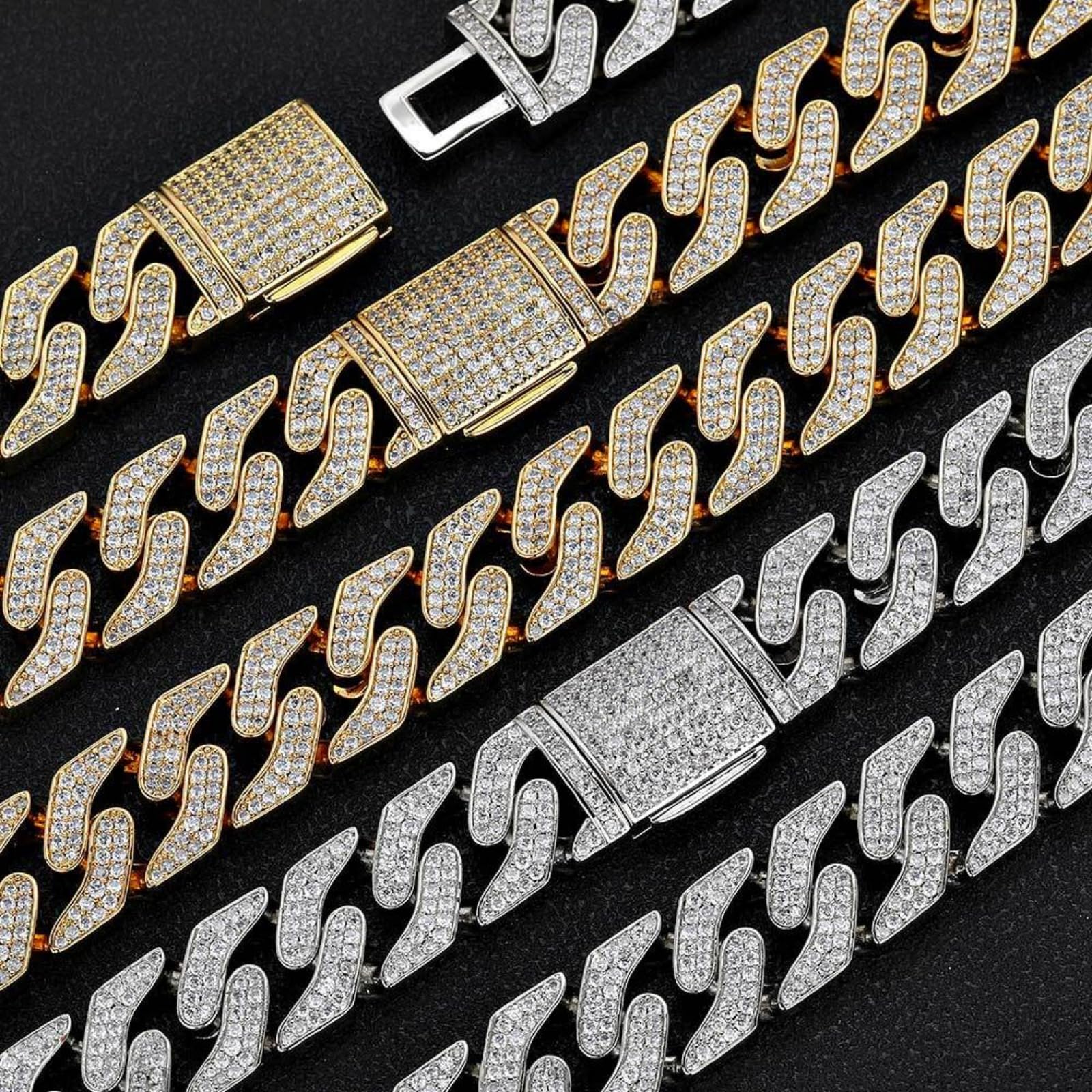 ZHSHYS Akcesoria Solidny gruby łańcuszek Miami Cuban Link dla mężczyzn, szerokość 16 MM Naszyjnik z łańcuszkiem hip-hopowym, wyjątkowo błyszczący duży naszyjnik z ogniwami typu Iced Out dla mężczyzn,
