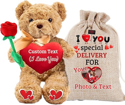 Oso de peluche de San Valentín con corazón, lazo y rosa como regalo personalizado para ella con bolsa de regalo de San Valentín, oso de peluche con