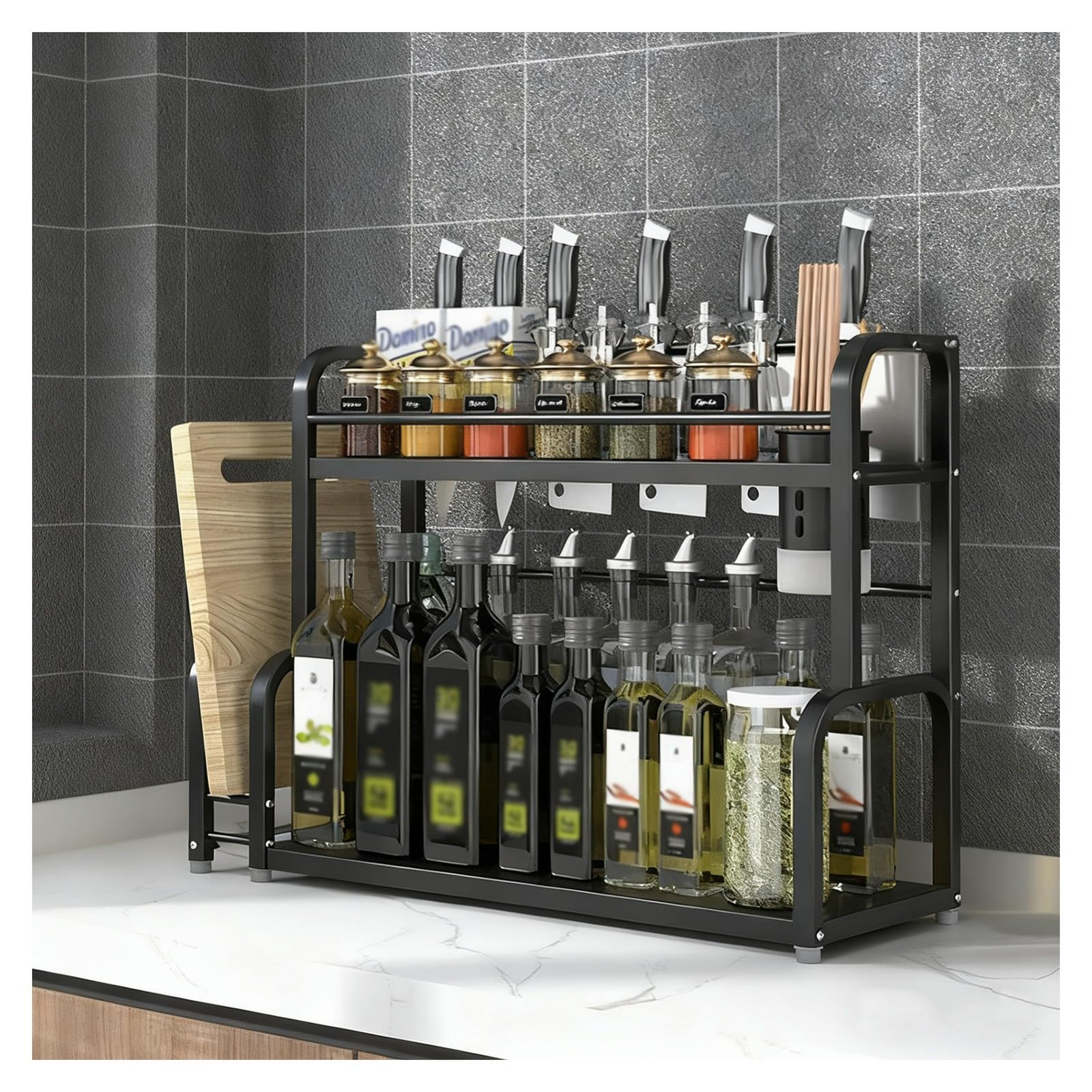 TIANQIHAO Stainless Steel Spice Rack For Kitchen, Large Standing Storage Tray With Hooks And Utensil Holders, Nizer For Pantry And Bathroom,2 Tier-50cm/19.7in