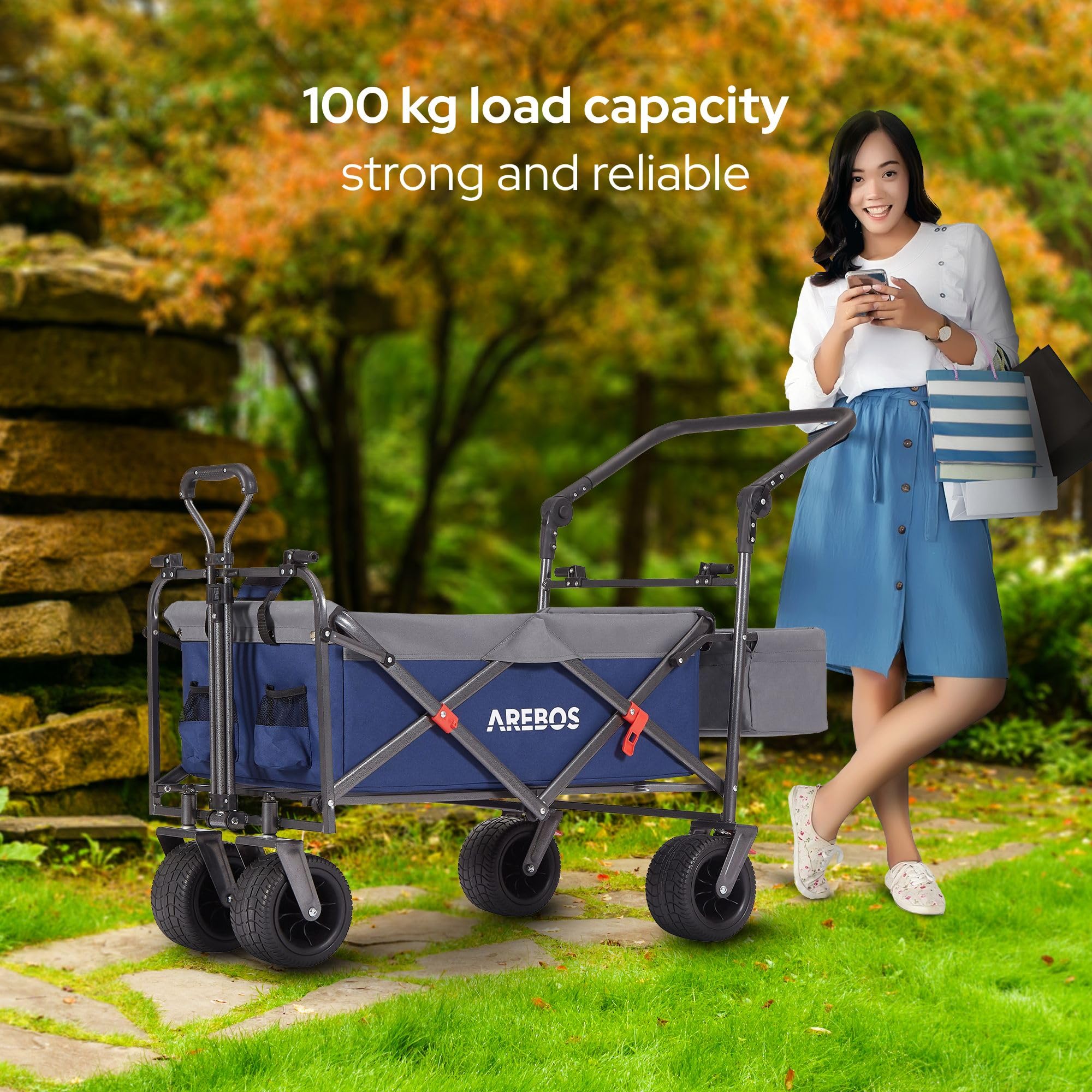 Arebos Carro Plegable con Techo | de Mano de Lujo | Carro de Transporte | Bolsa XXL | Plegable | hasta 100 kg | Carro para Herramientas | Ruedas Delanteras giratorias 360° | Azul