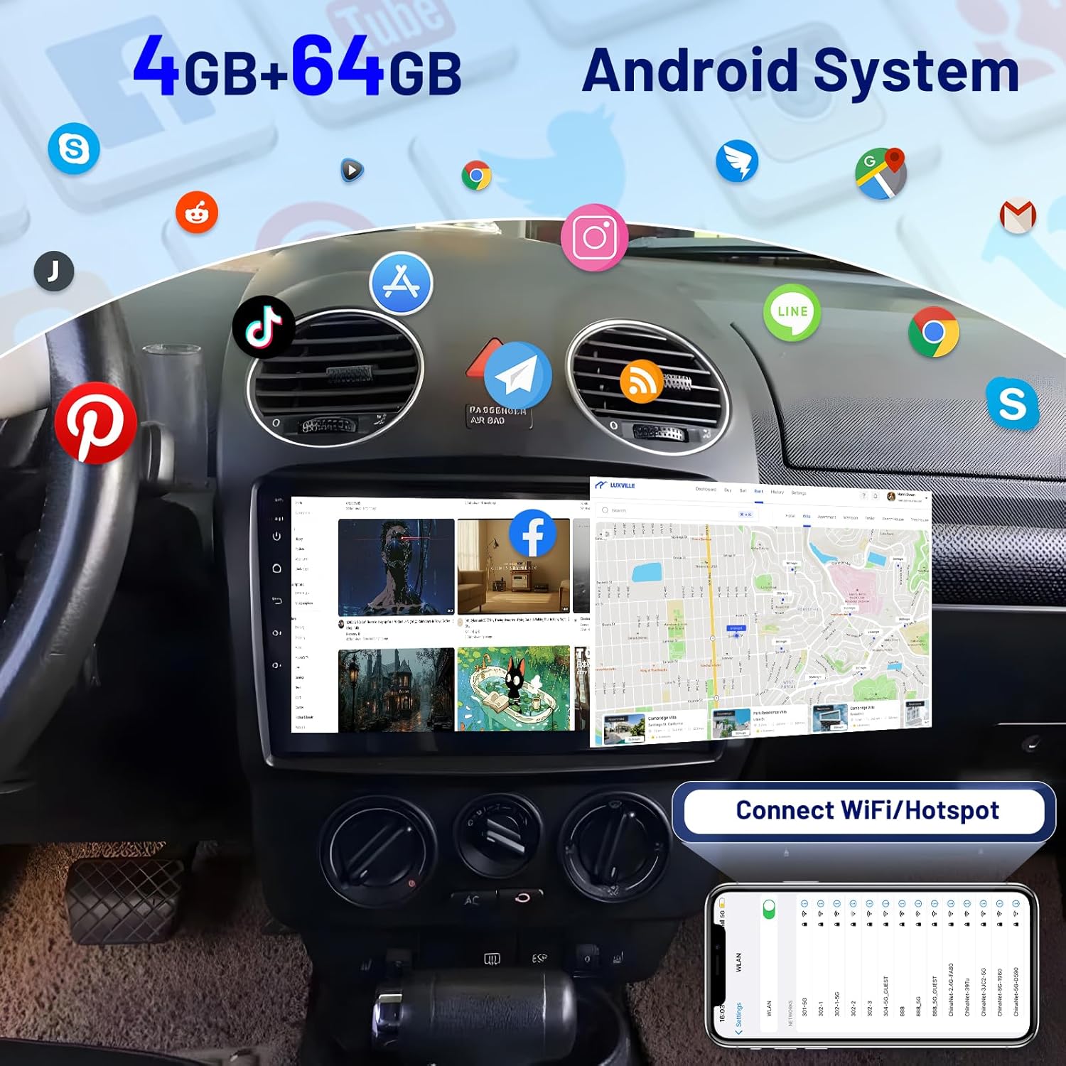 [4+64G] Car Radio for VW Volkswagen Beetle 2004-2010 with Carplay&Android Auto, 9 inches Volkswagen Beetle Android Touchscreen Stereo, 32 EQ Audio/Bluetooth/FM RDS/SWC