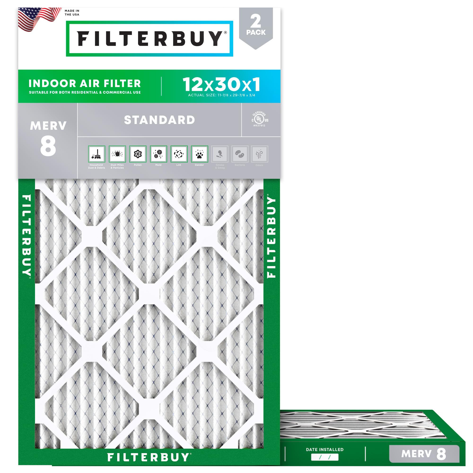 Filterbuy 12x30x1 Air Filter MERV 8 (MPR 700) Dust Defense Replacement (2-Pack), Electrostatic Pleated HVAC AC Furnace Filters, Made in USA (Actual Size: 11.88 x 29.88 x 0.75)