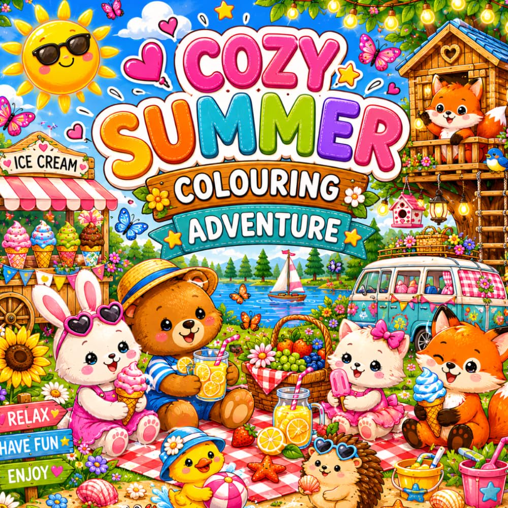 COZY SUMMER COLOURING ADVENTURE: Cute Animals, Relaxing Scenes & Sunny Adventures