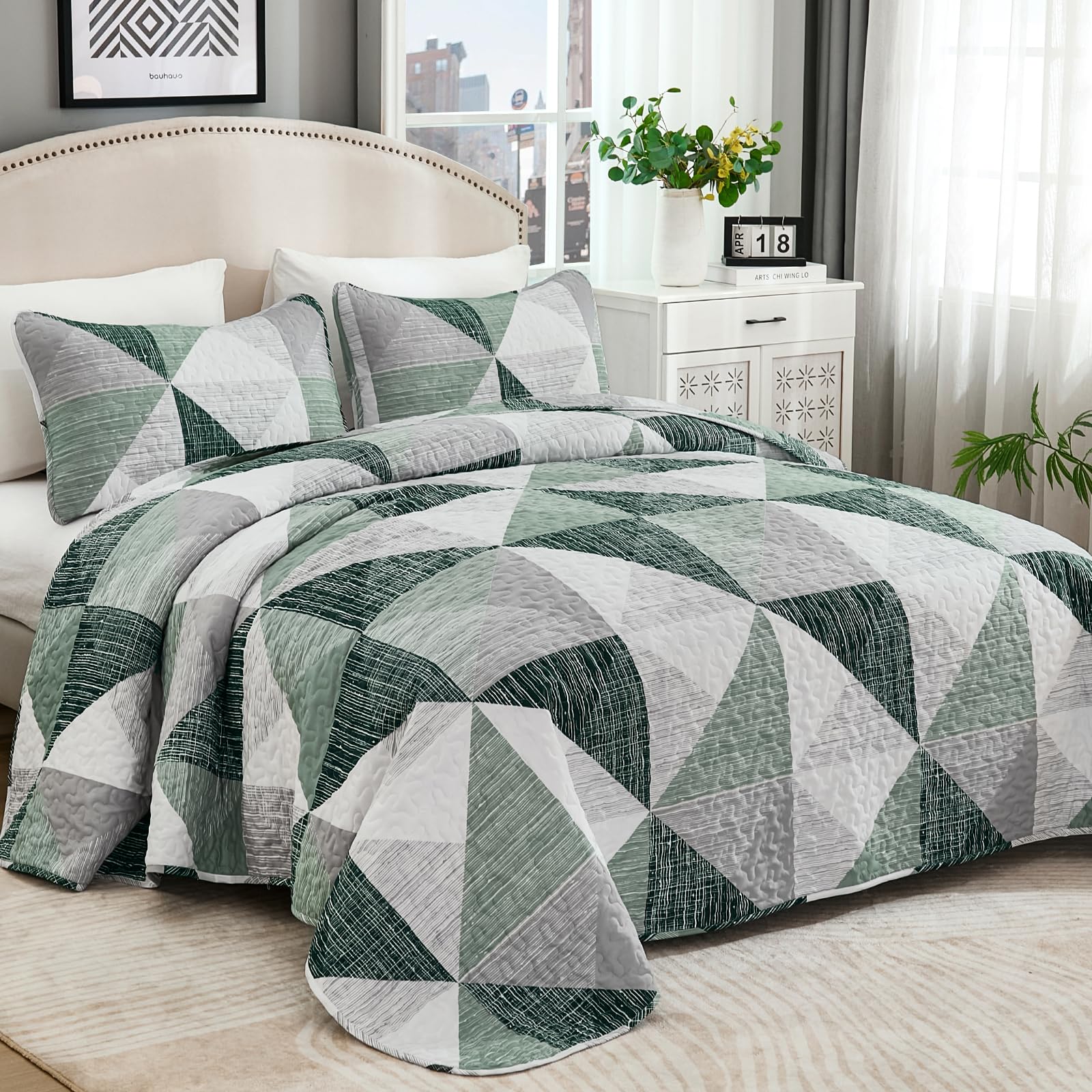 Dintszyayue Queen Quilt Set Green Geometric Bedspread with 2 Pillowcases