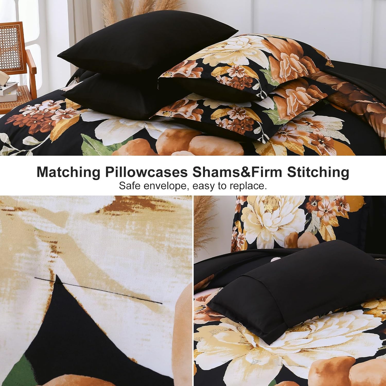 Dintszyayue Floral Comforter Set King Size,7 Pieces Black and Yellow Flower Bed in a Bag Soft Microfiber Bed Set with Sheet Set for All Season - Image 5