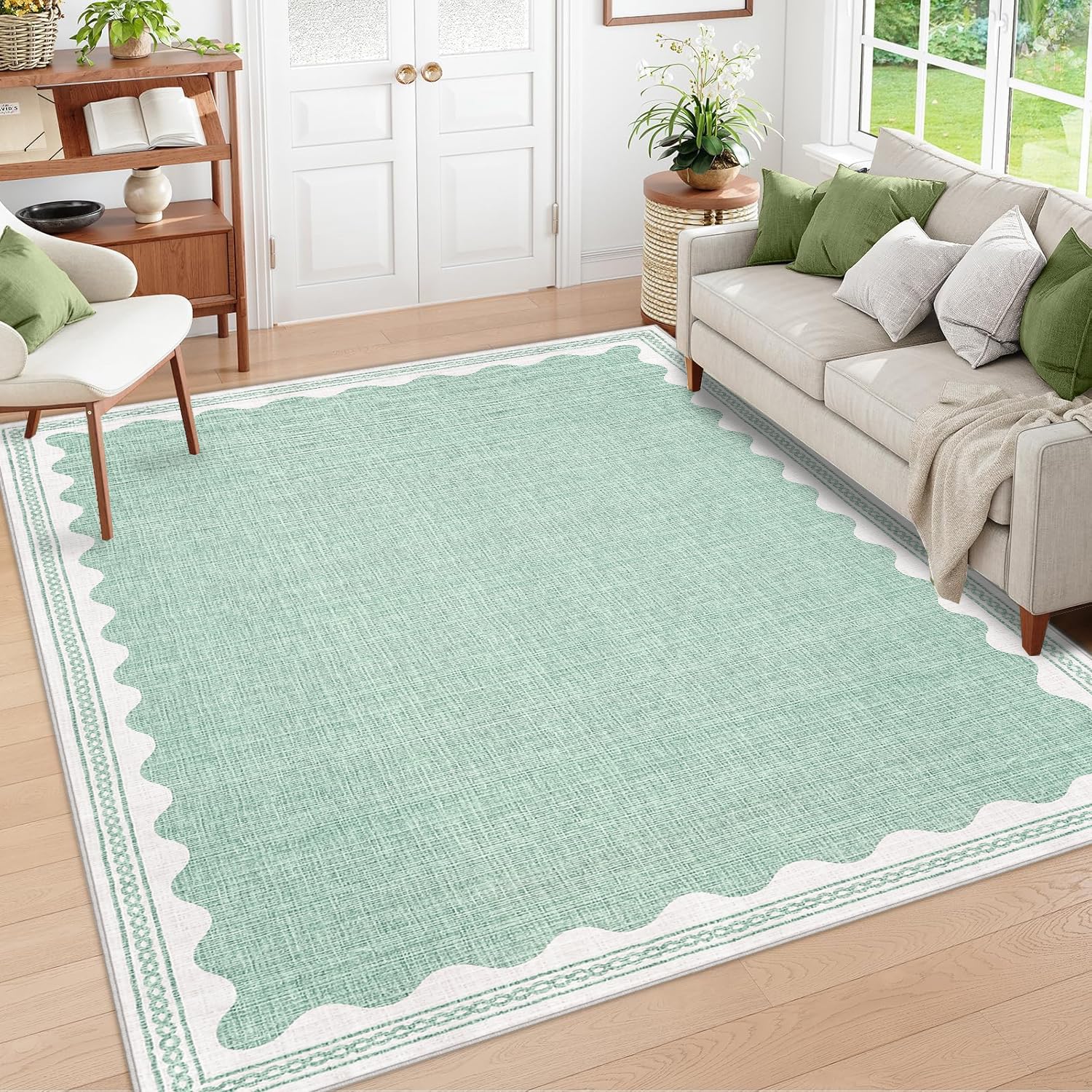 Scalloped Washable Rug 8x10 Area Rugs for Living Room, Solid Green Rug for Bedroom Girls, Non Slip Scalloped Rug Throw Rugs with Rubber Back, Soft Dorm Nursery 8x10 Rug for Dining Room