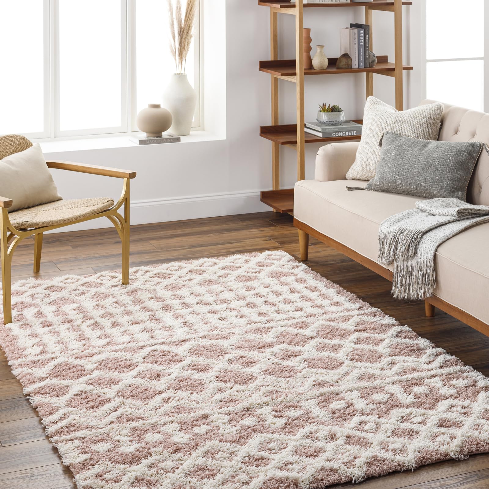 Livabliss Surya Tapis à Poils Longs Dubaï Moderne pour Salon et Chambre à Coucher - Tapis berbère épais et Facile d'entretien - Grand Tapis Rose poudré et Blanc - 130 x 170 cm