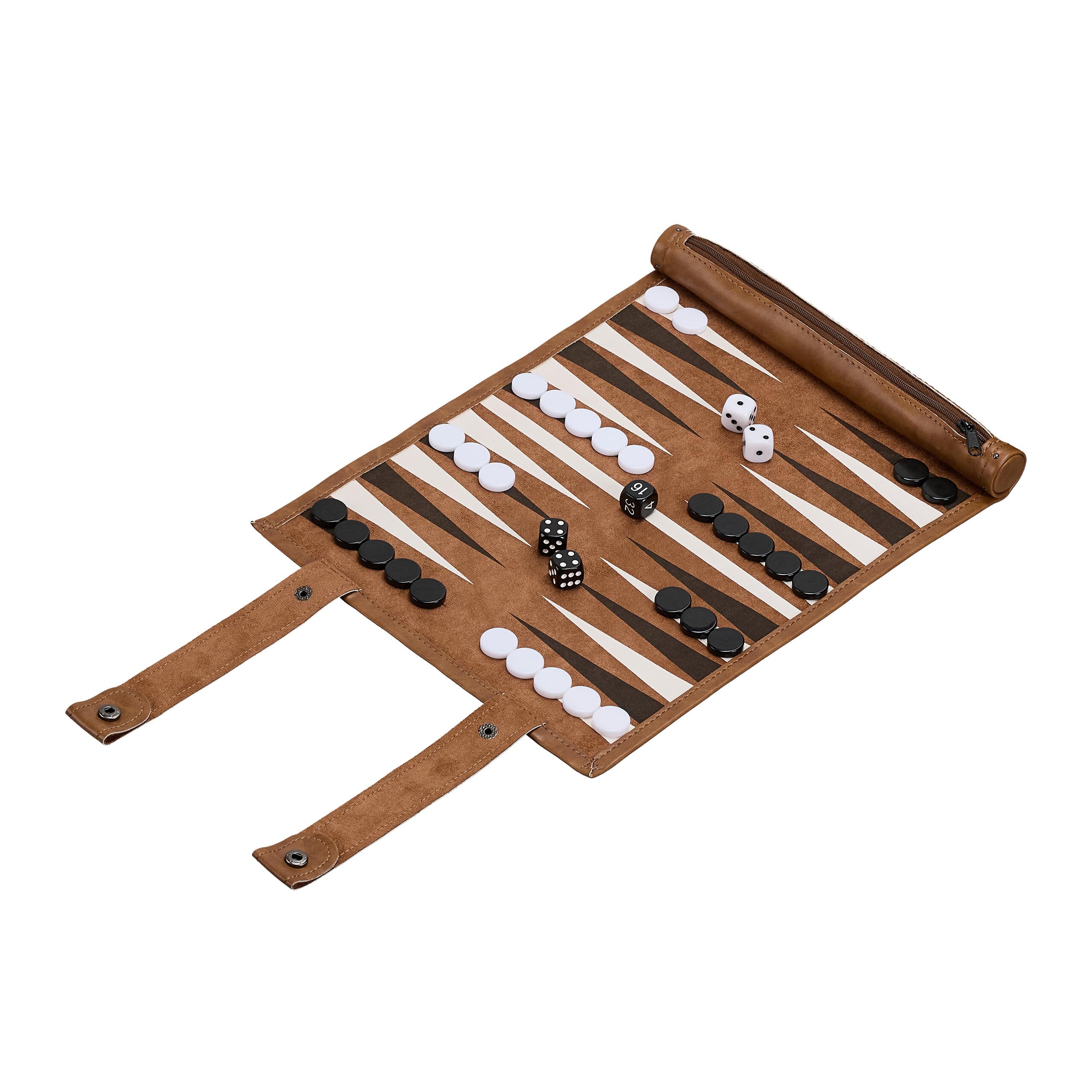 Relaxdays Backgammon, Travelling Game to Roll Up, incl. Accessories, WxD: 32 x 26 cm, Leather Look, Boardgame, Brown