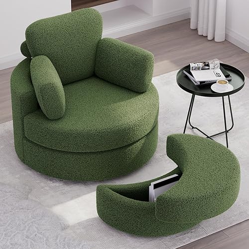 Swivel Accent Chair, Swivel Barrel Chair - Swivel Chair with Ottoman, Cuddle Chairs Round Lounge Sofa Chair with Pillow, 360° Single Swivel Chairs for Living Room (Green)