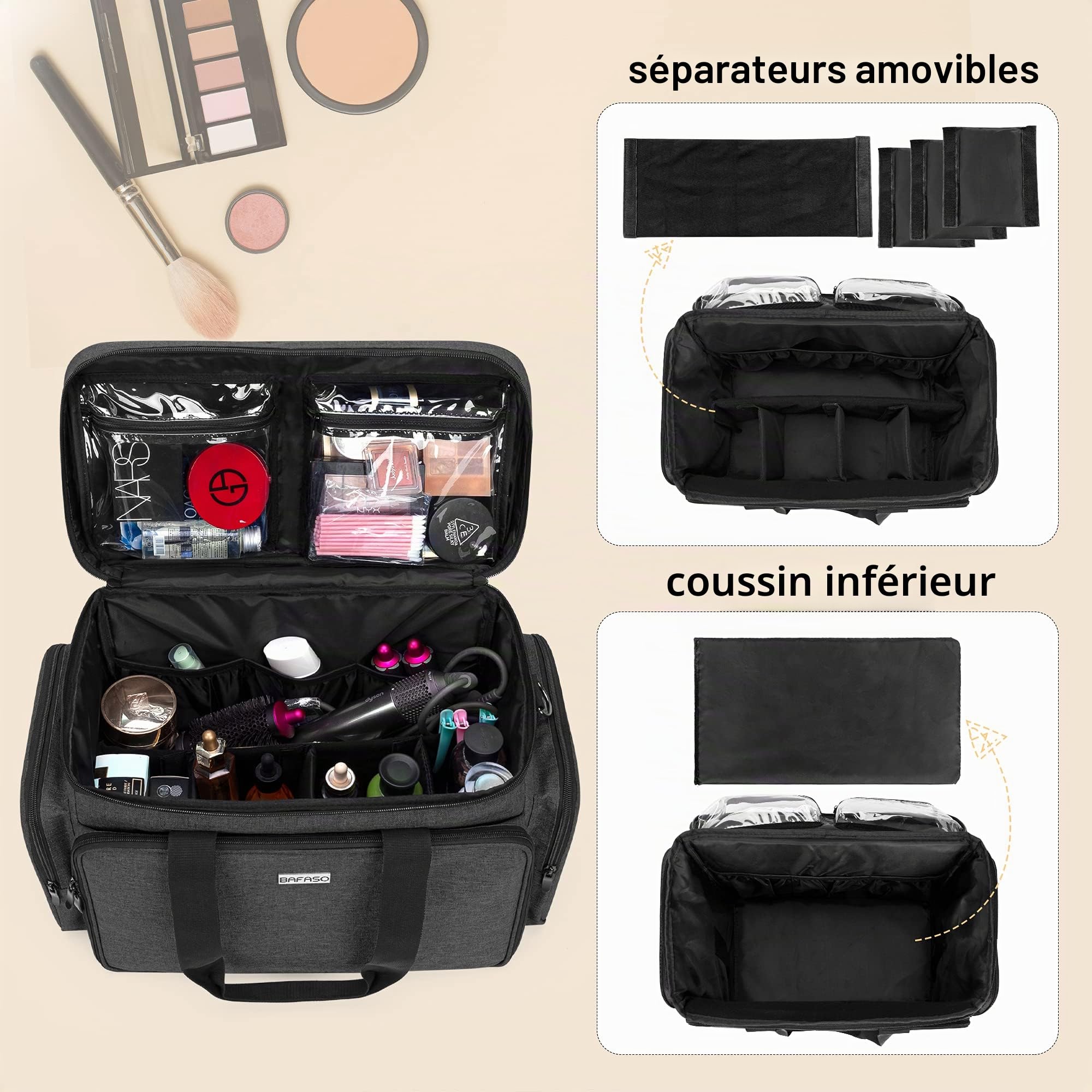 BAFASO Grande Trousse de Maquillage, Sac à Cosmétiques avec Amovibles, Noir | Sac de Rangement Maquillage, Séparateurs Amovibles
