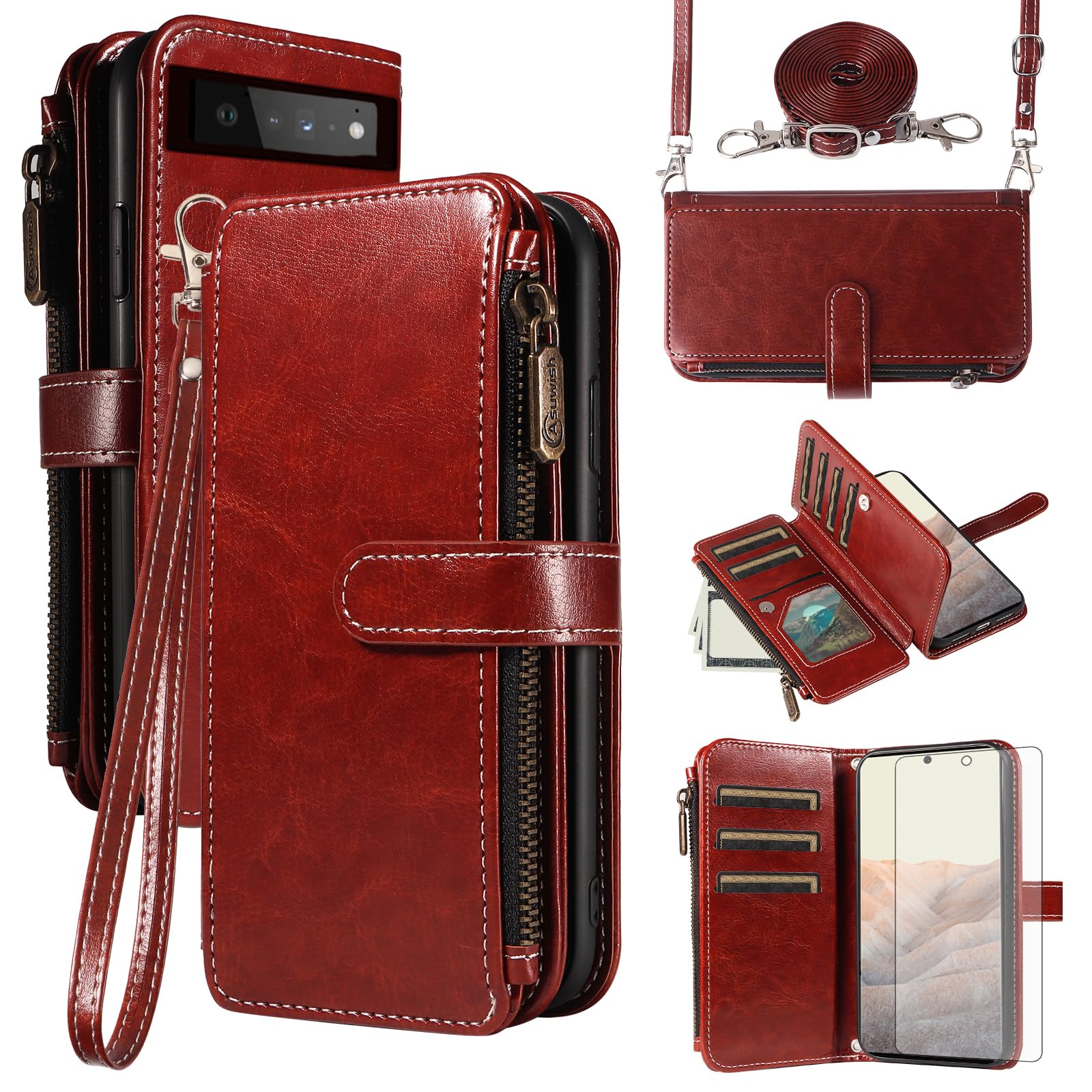 Asuwish Handyhülle für Google Pixel 6 Pro Hülle mit Band Folie Schutzfolie Kartenfach Klappbar Leder Geldbörse Ständer Pixel6Pro Pixel6 XL 6Pro 6XL 5G Handy Hüllen Schutzhülle Wallet Phone Case Braun