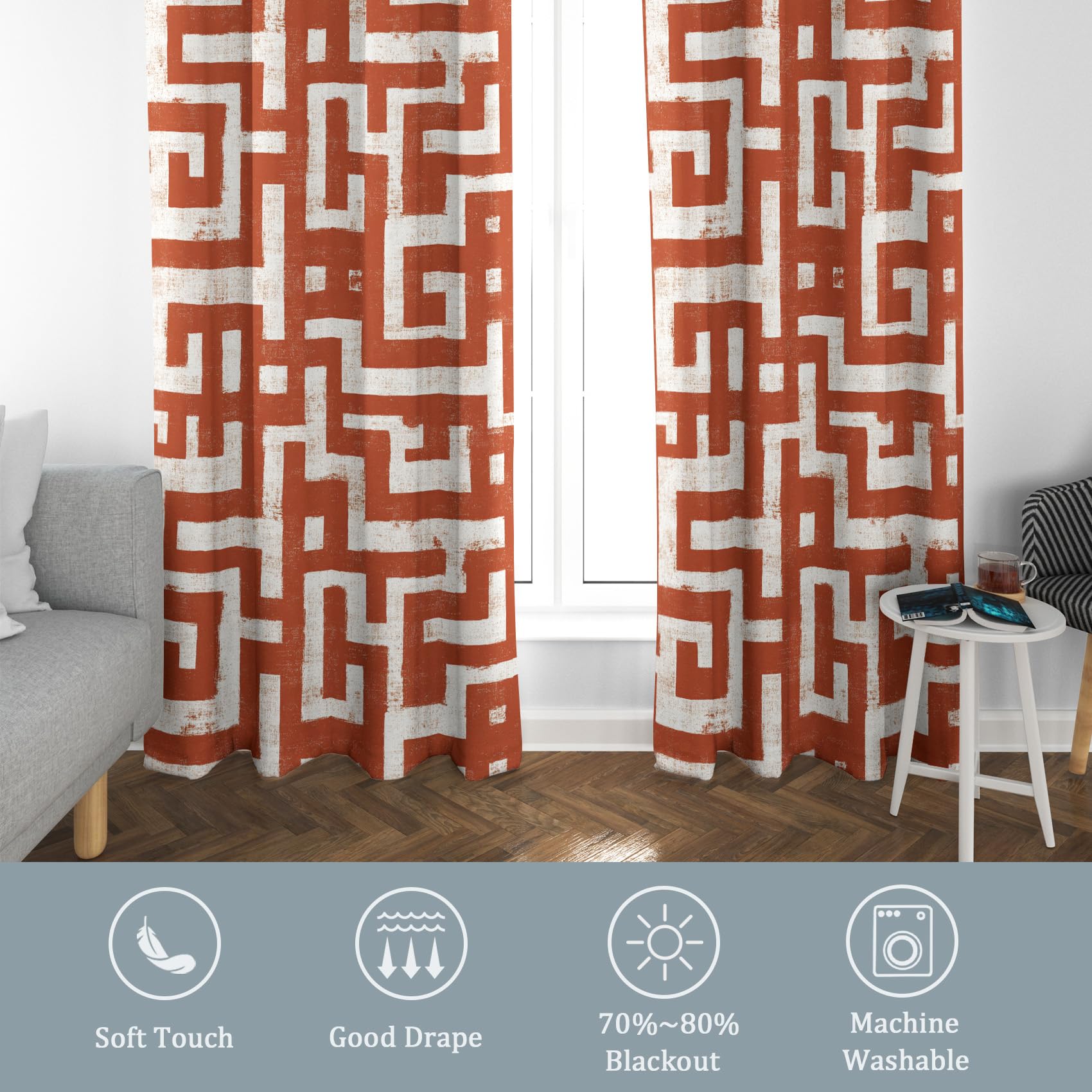 Rideau Orange Rouille Terracotta Occultant Motif Abstrait Géométrique Rideaux Chambre Salon Cuisine Fenêtre 140 x 300 cm, Oeillets Rail Rideaux Occultants Thermique