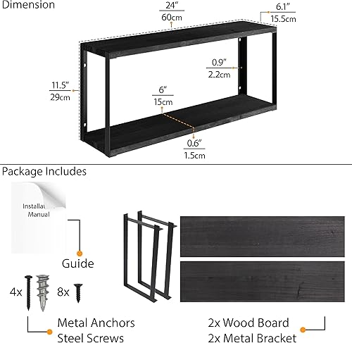 Miniatura 3 de Wallniture Roca Estantería de 24 x 6 pulgadas para decoración de sala de estar estantes flotantes negros de 2 niveles para dormitorio cocina
