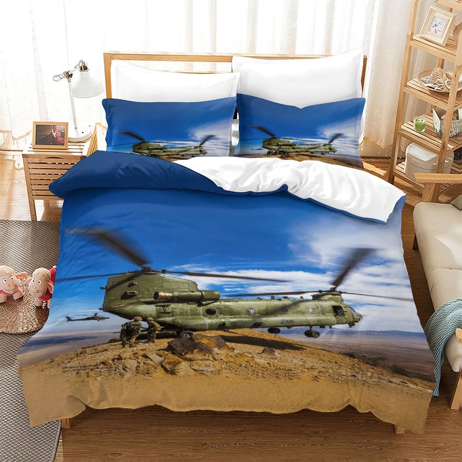 LILIlaobiao Washable Chinook Bedding Set With Hidden Zipper, King（220x240cm） Chinook Duvet Cover with Pillowcases, Soft Microfiber Military Helicopter Quilt Cover for Kids & Adults