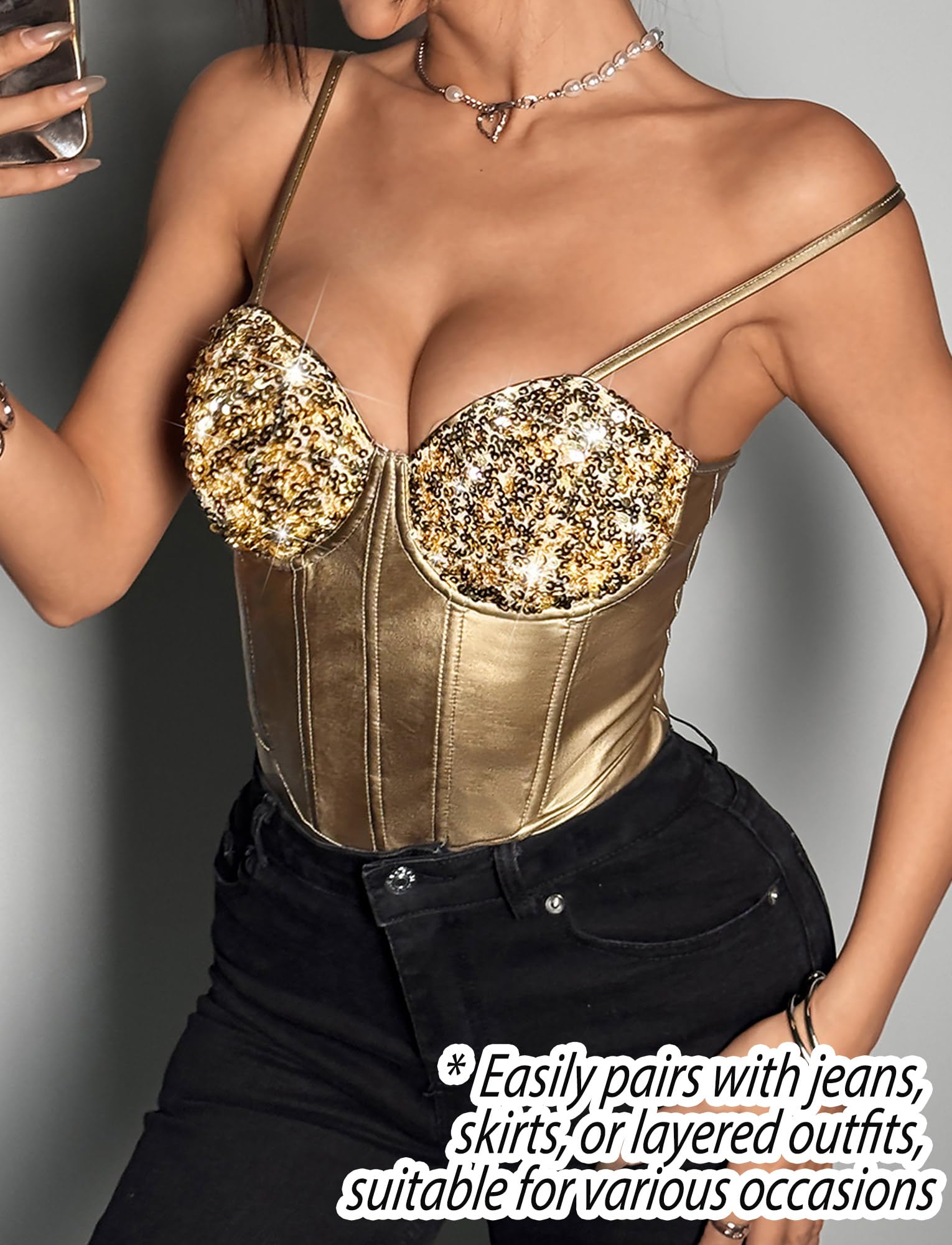 Maeau - Body Metálico Lentejuelas Brillantes Mujer Body Lencería Corsé Bodysuit Top Party Club XS-XL