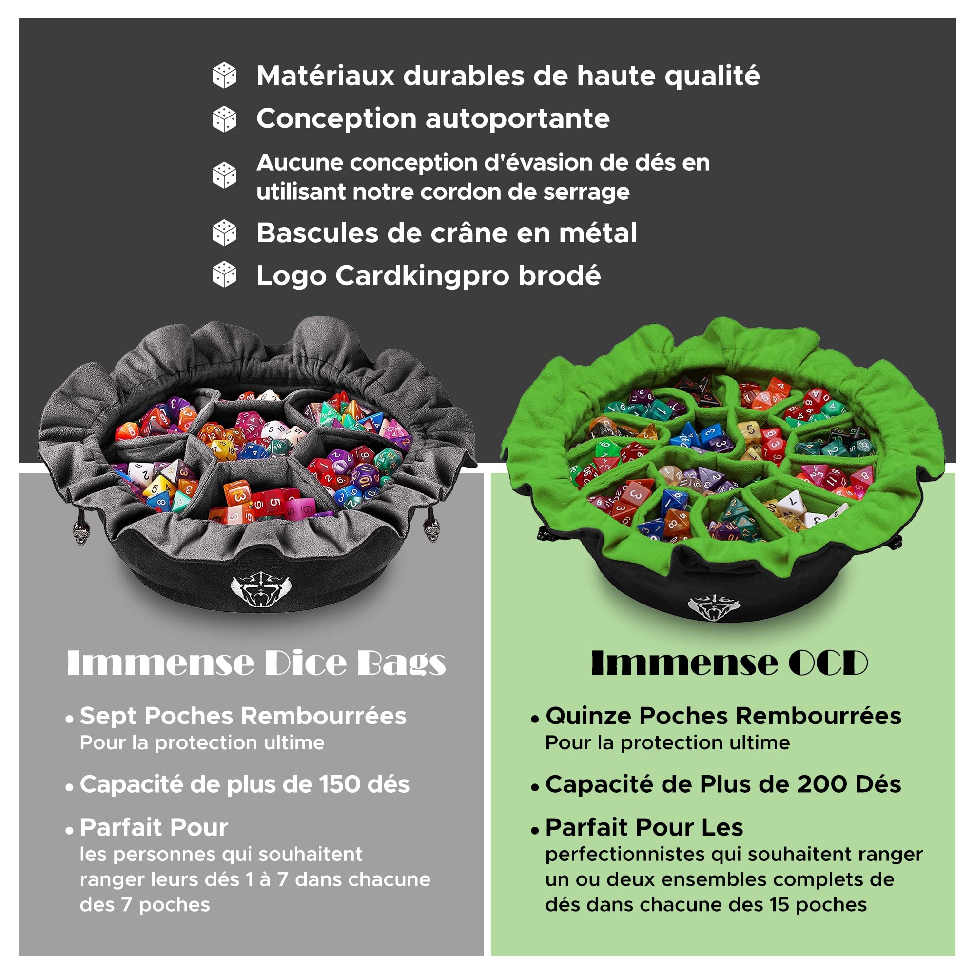 CardKingPro Immense – Édition OCD – Sacs à dés avec 15 Poches – Noir et Vert – Capacité de Plus de 200 dés – Idéal pour Les accumulateurs de dés [Design breveté]