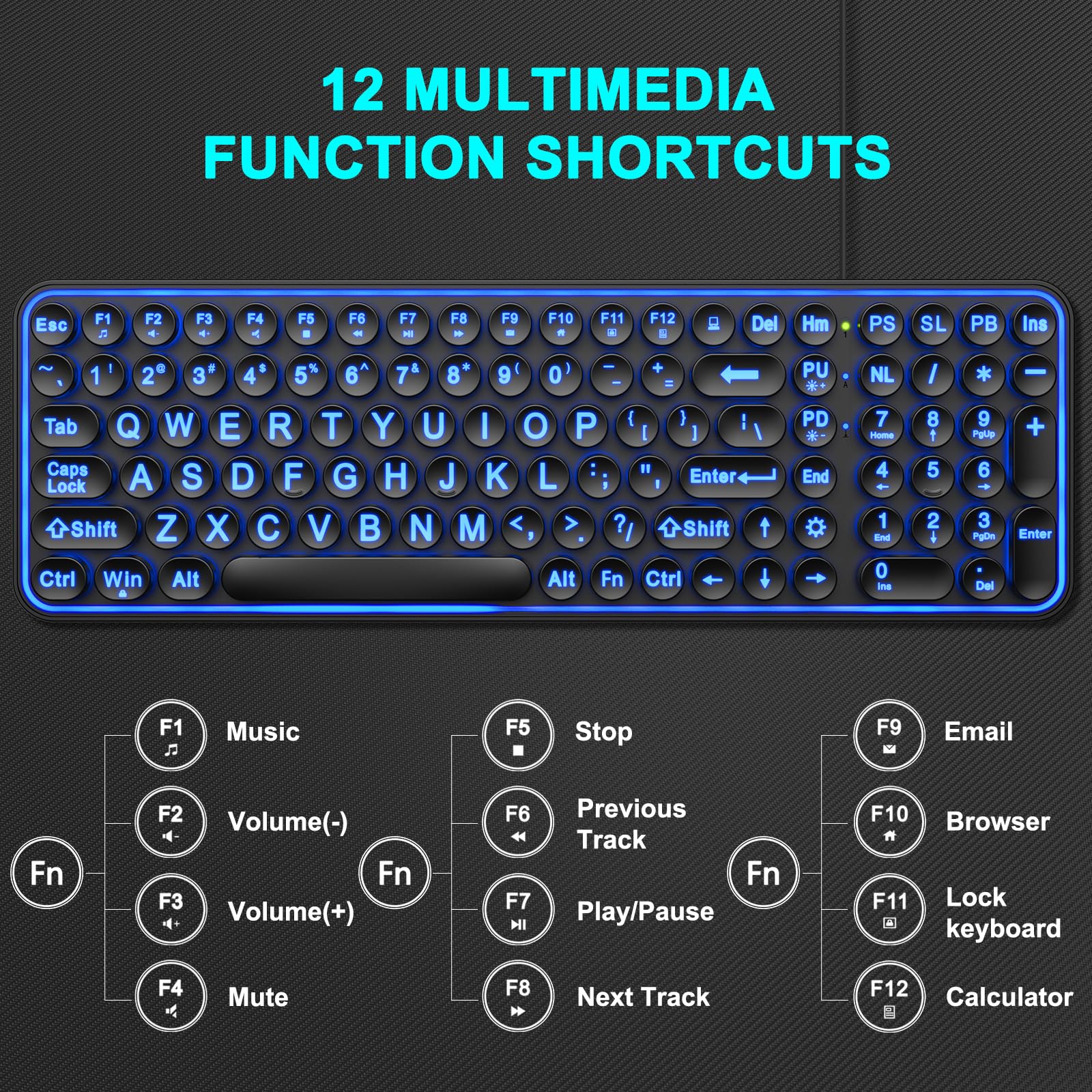 EDJO Large Print Backlit Keyboard,USB Wired Lighted Computer Keyboard with 7-Color Backlit,Oversized Letters,Typewriter Keyboard with Retro Round Key Easy to See for Windows,Desktop,PC,Laptop — view 6