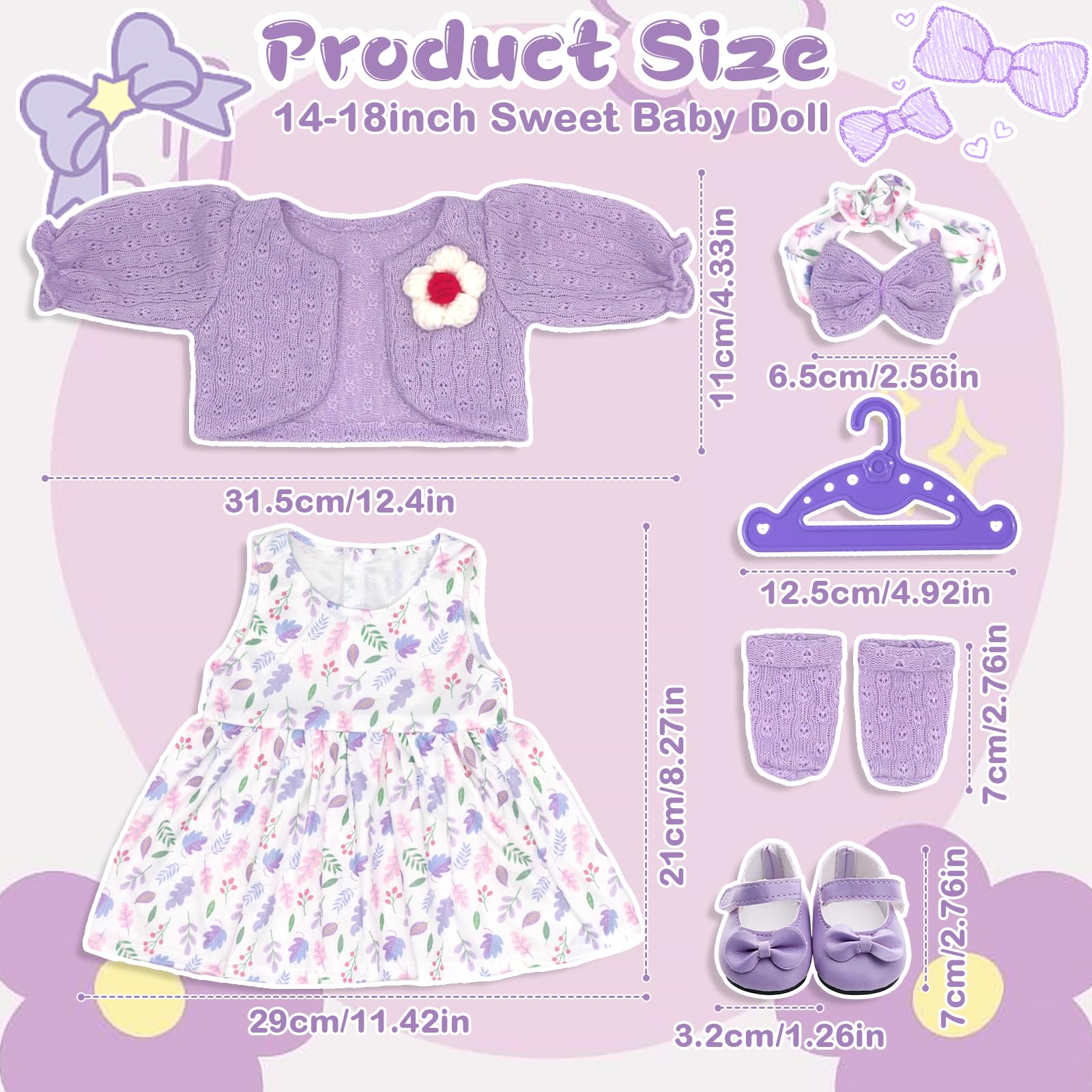 6 sztuk fioletowych ubranek dla lalek niemowlęcych 35-43 cm, słodkie kwiatowe ubranka dla lalek niemowlęcych 14-17 cali, płaszcz, sukienka, opaska na głowę, skarpetki, buty, wieszak na ubrania