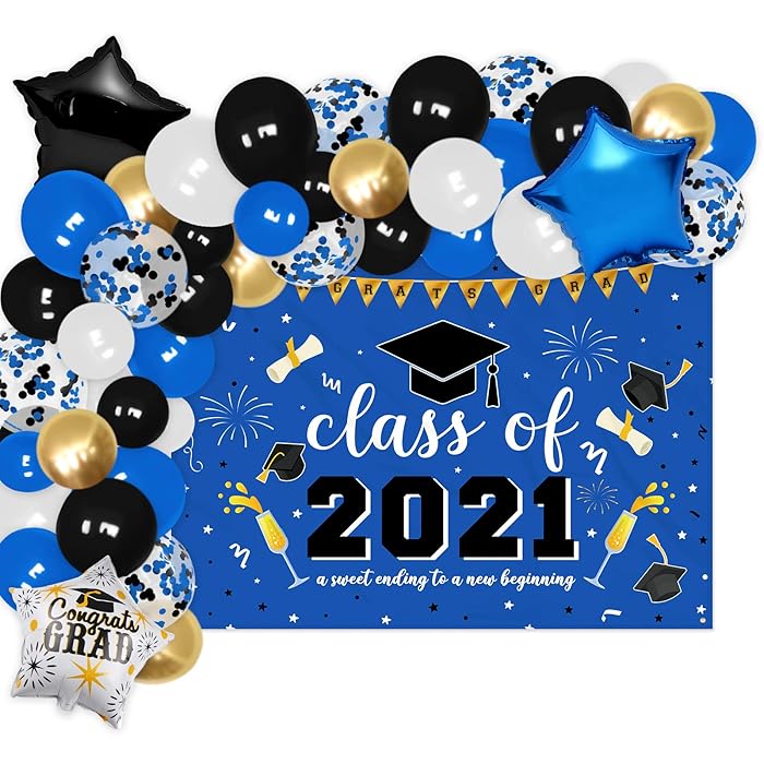 Buy Blue Class of 2021 Graduation Photo Backdrop Banner And Balloons
