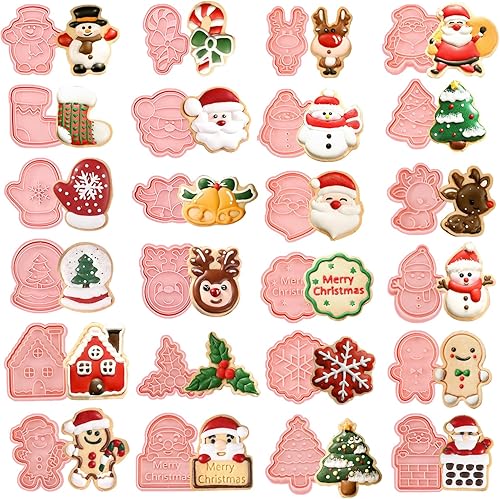 24 cortadores de galletas de Navidad 3D para hornear, moldes de sellos de galletas rosados, para hornear galletas, juego de moldes para hornear