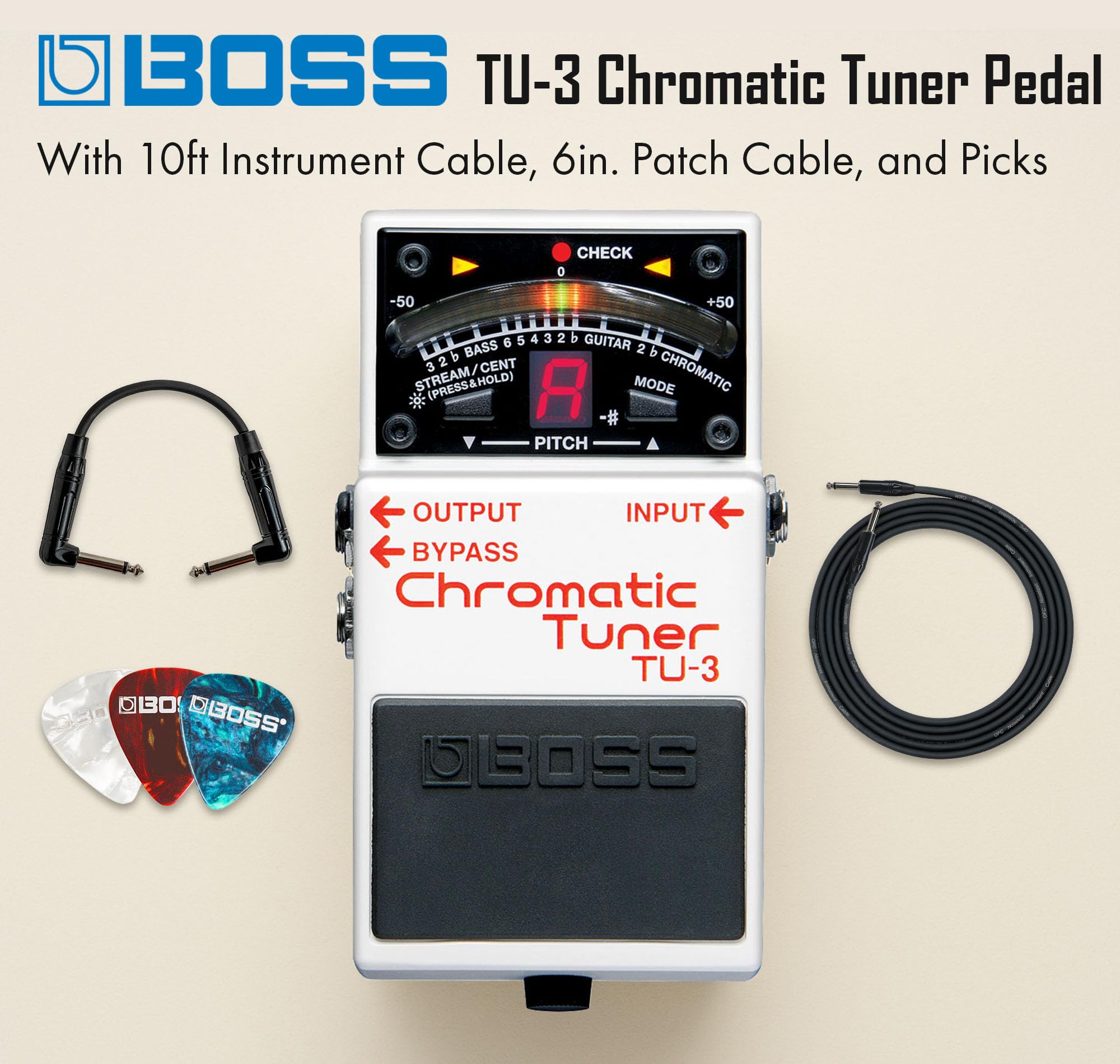 Boss TU-3 Chromatic Tuner Pedal - Bundle with 10ft