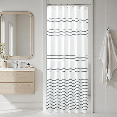jinchan Cortina de ducha pequeña de 36 x 72 pulgadas, cortina de ducha de tela a rayas blancas y negras para baño con ganchos, juego de cortinas de