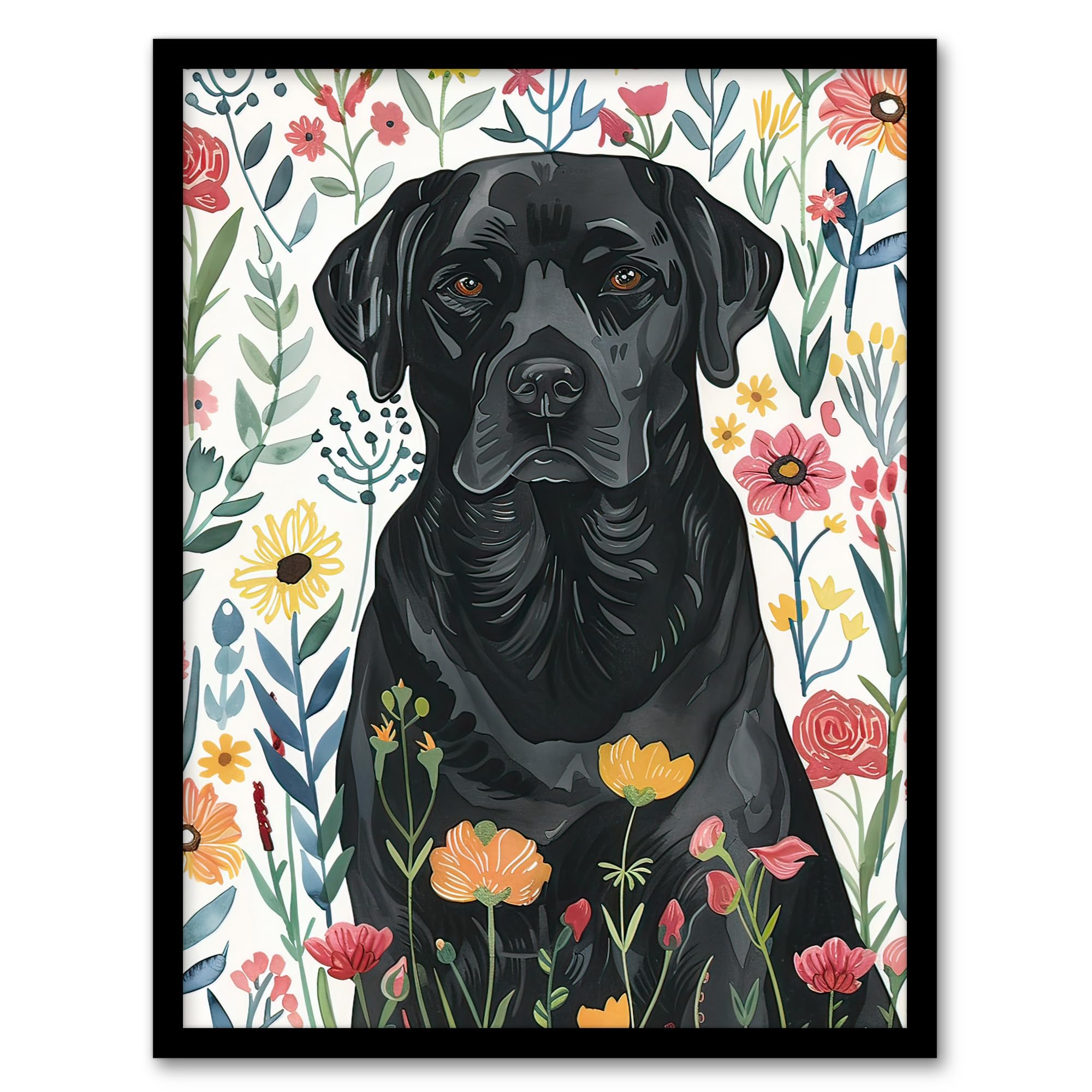 Artery8 Dog Lover Black Labrador in Wildflower Field Living Room Artwork Framed Wall Art Print 18X24 Inch